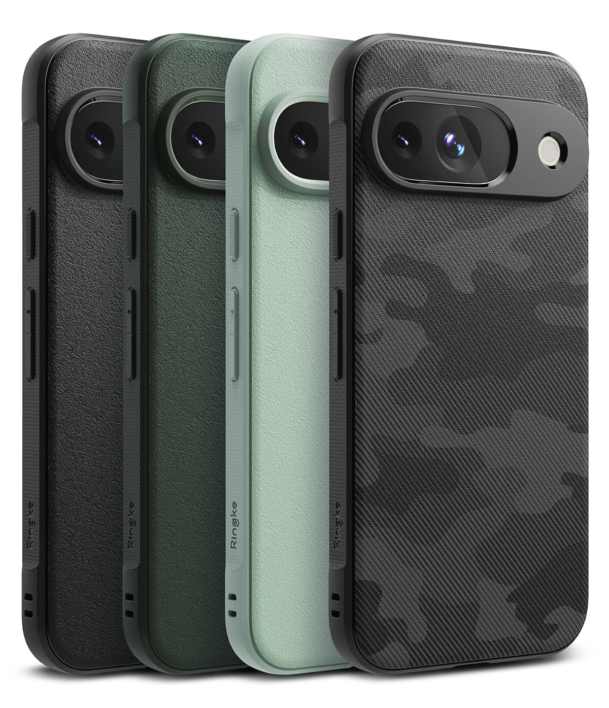 Google Pixel 9 Case | Onyx - Four Google Pixel 9 cases in black, dark green, light green, and black camo textures.