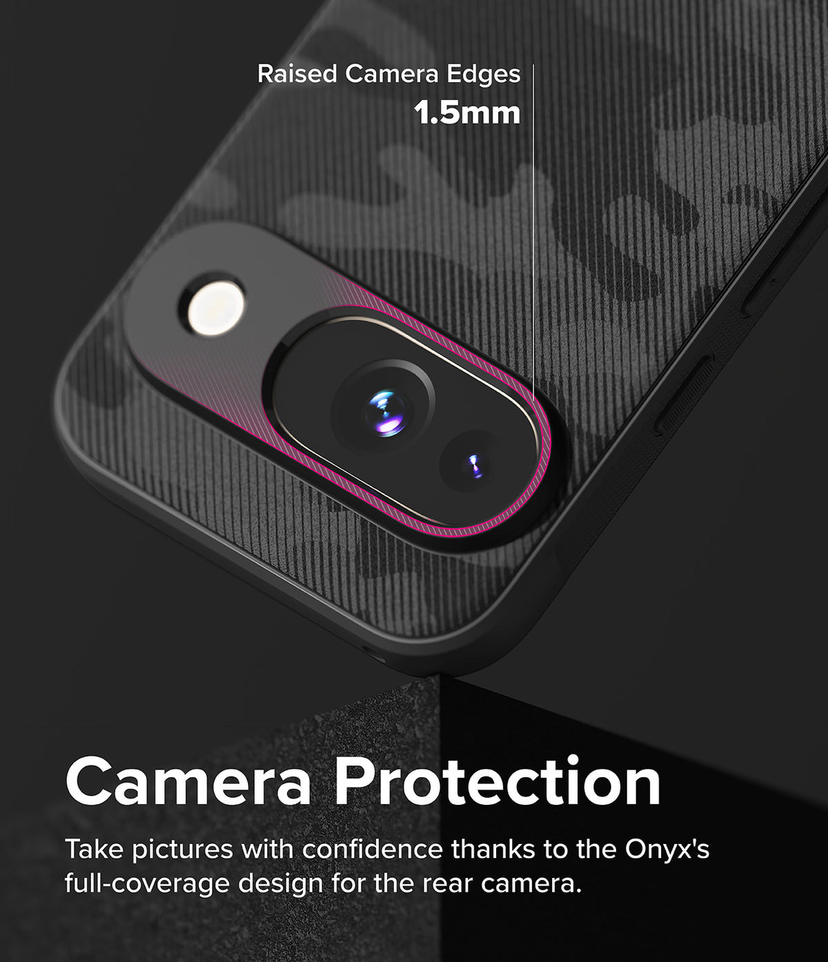 Google Pixel 9 Case | Onyx - Close-up of a black camo phone case highlighting 1.5mm raised edges around the camera lens.