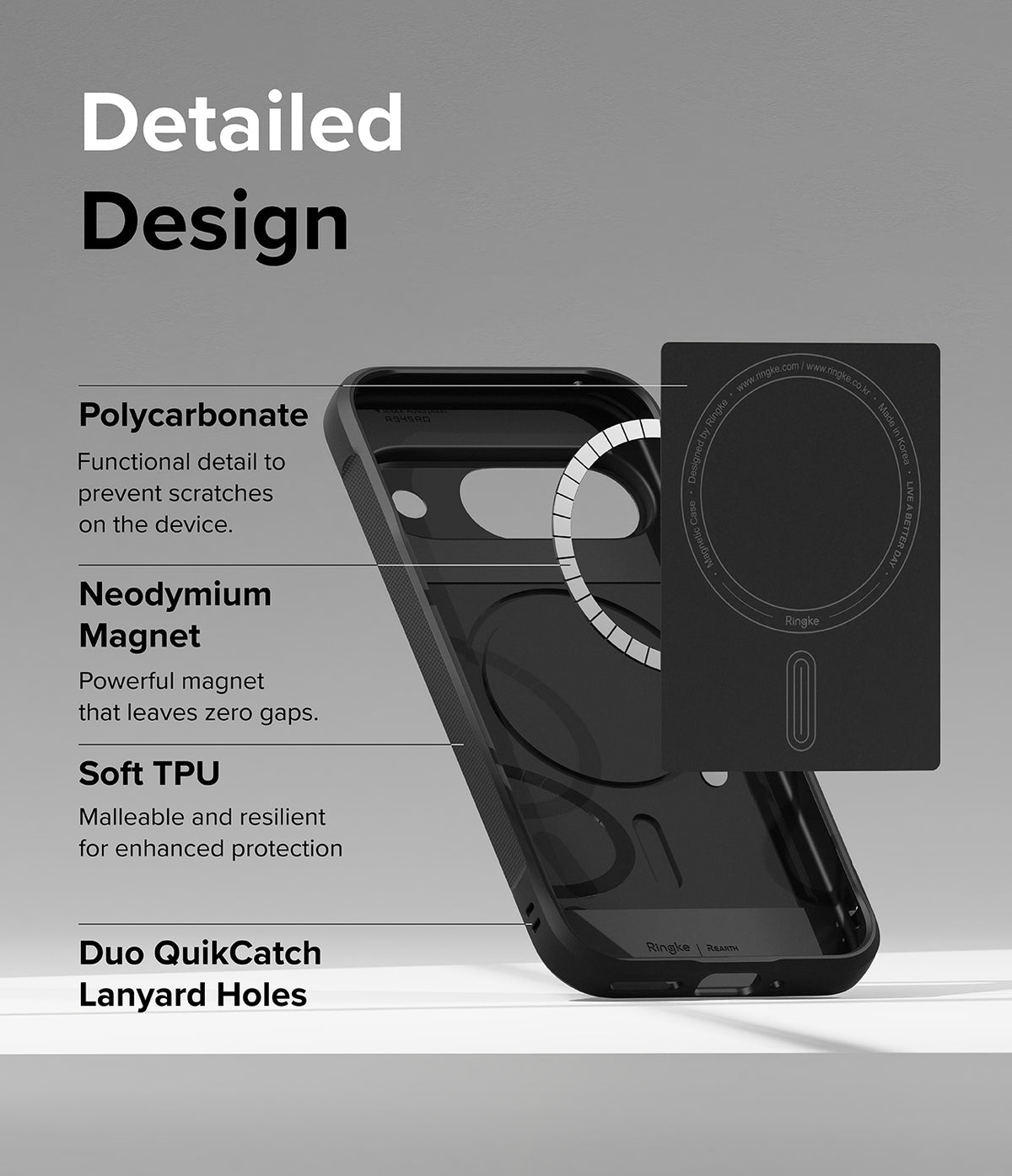 Google Pixel 9 Case | Onyx Magnetic - Diagram showing polycarbonate, neodymium magnet, soft TPU, and lanyard hole features.