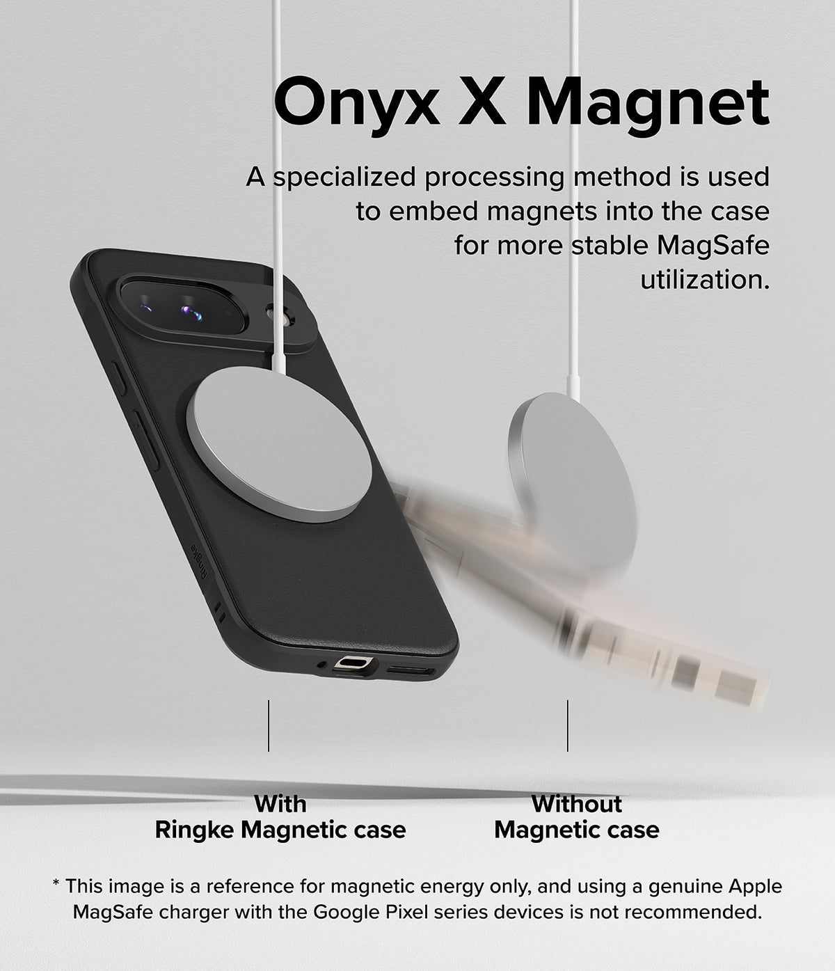Google Pixel 9 Case | Onyx Magnetic - A black phone case securely attached to a magnetic charger versus a falling phone.