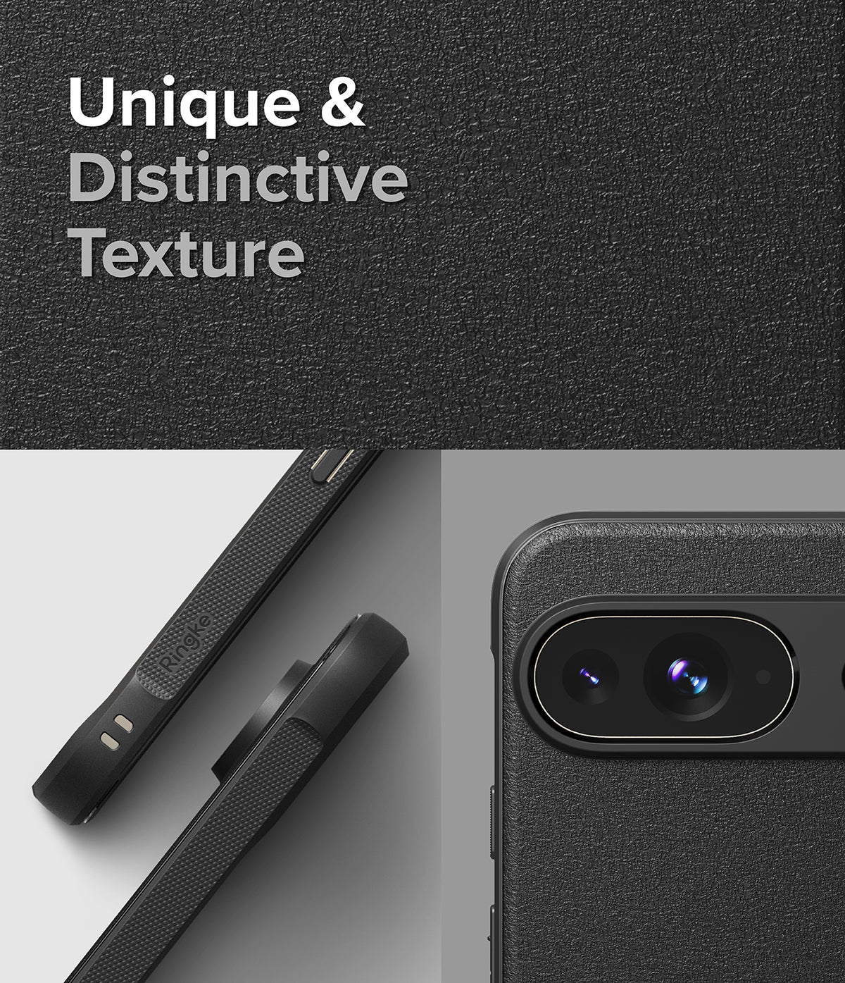 Google Pixel 9 Case | Onyx Magnetic - Close-up of black phone case with textured surface and Ringke branding.