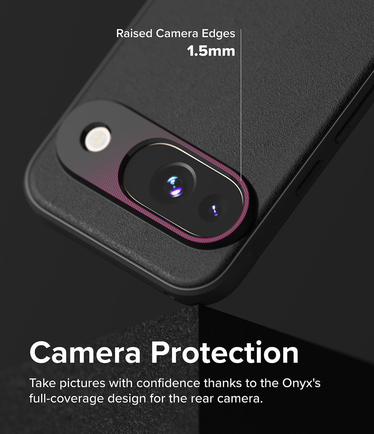 Google Pixel 9 Case | Onyx Magnetic - Close-up of black phone case showing 1.5mm raised camera edges for lens protection.