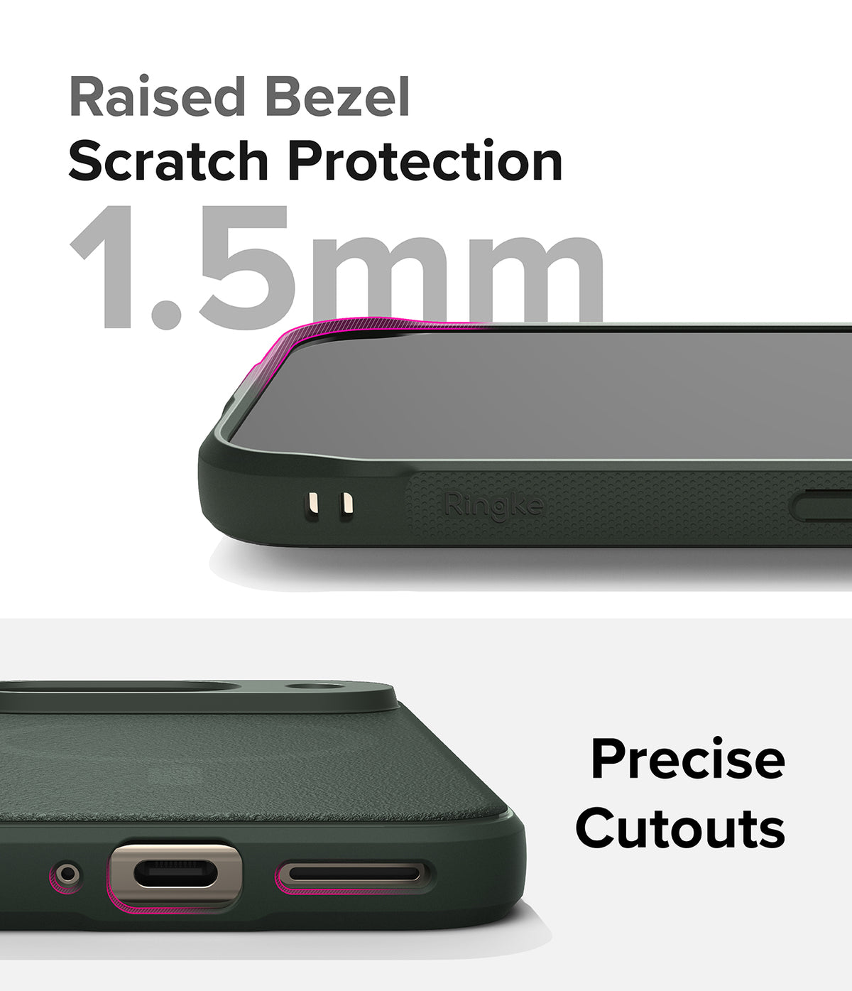 Google Pixel 9 Case | Onyx Magnetic - Close-up of 1.5mm raised screen bezel and precise port cutouts on a dark green phone case.