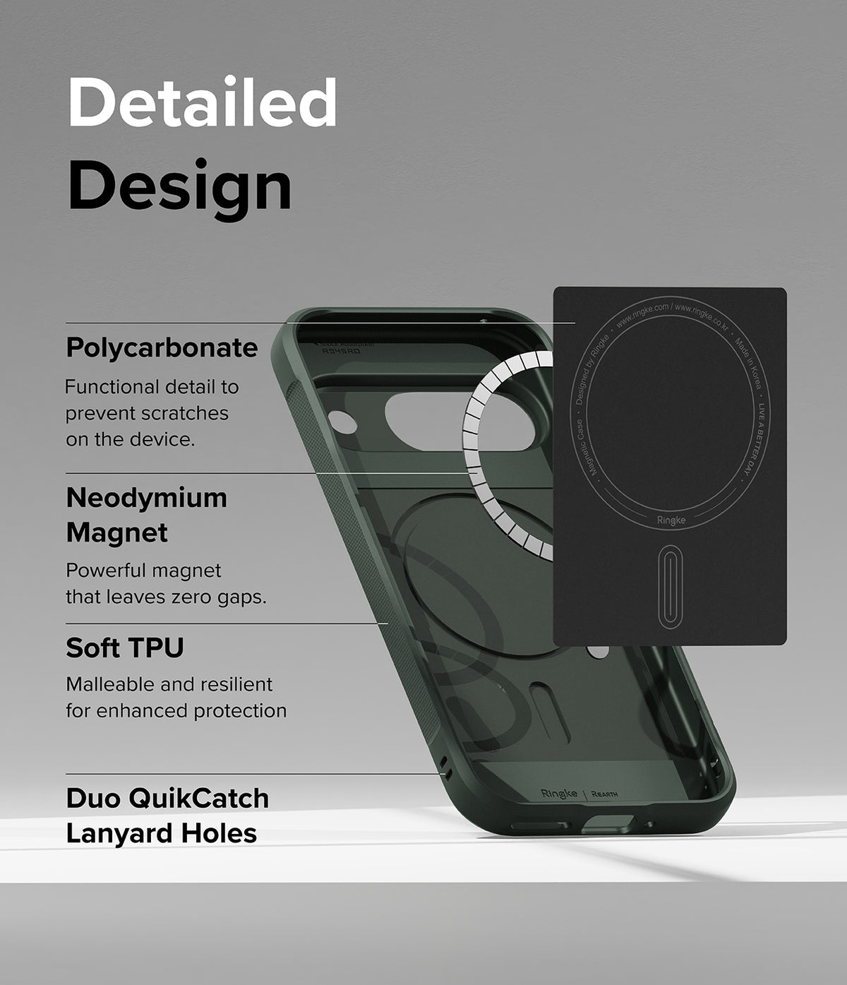 Google Pixel 9 Case | Onyx Magnetic - Infographic showing case materials, magnetic ring, and lanyard holes for the Pixel 9.