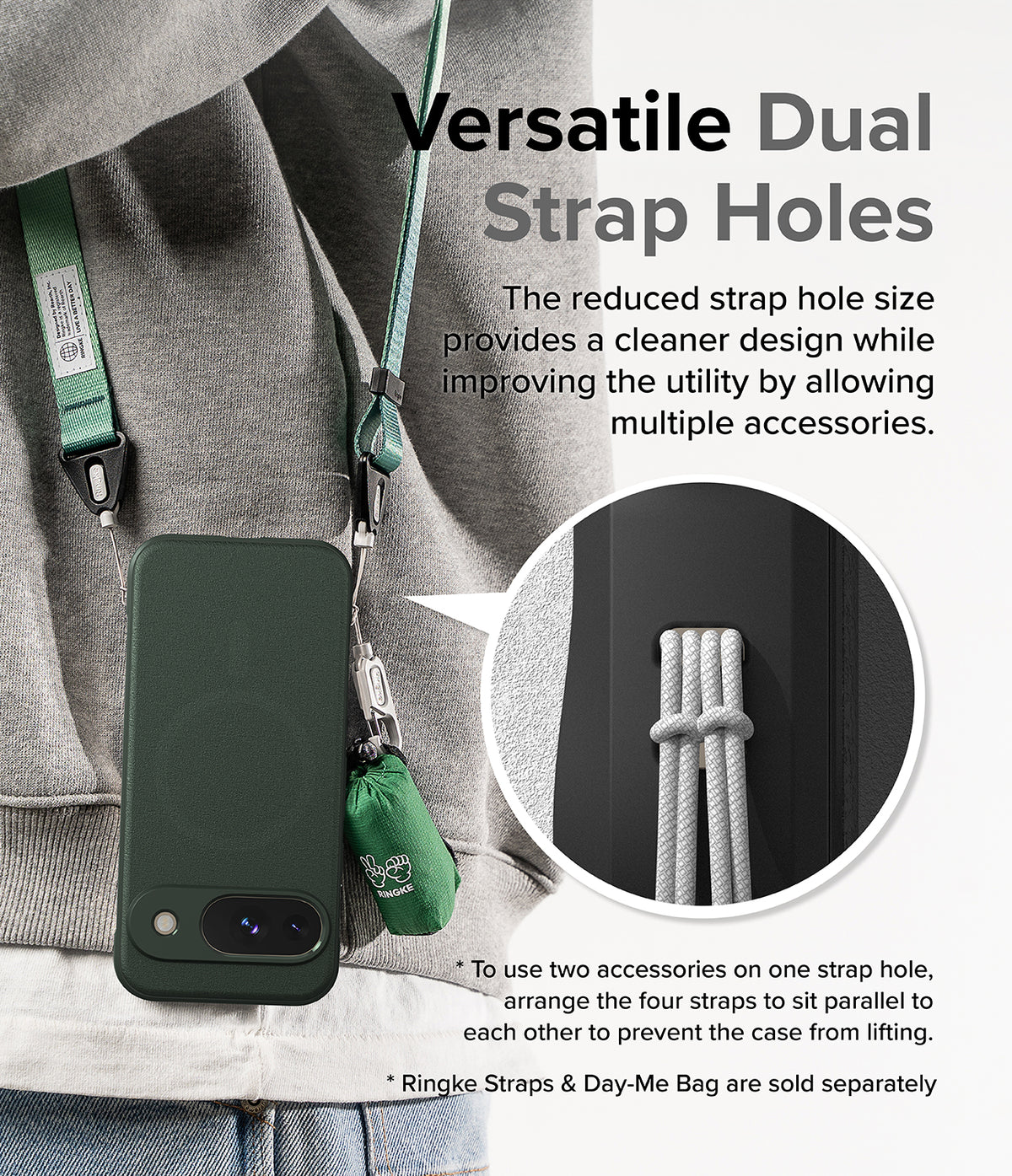 Google Pixel 9 Case | Onyx Magnetic - A dark green phone case with dual strap holes holding two accessories via lanyards.
