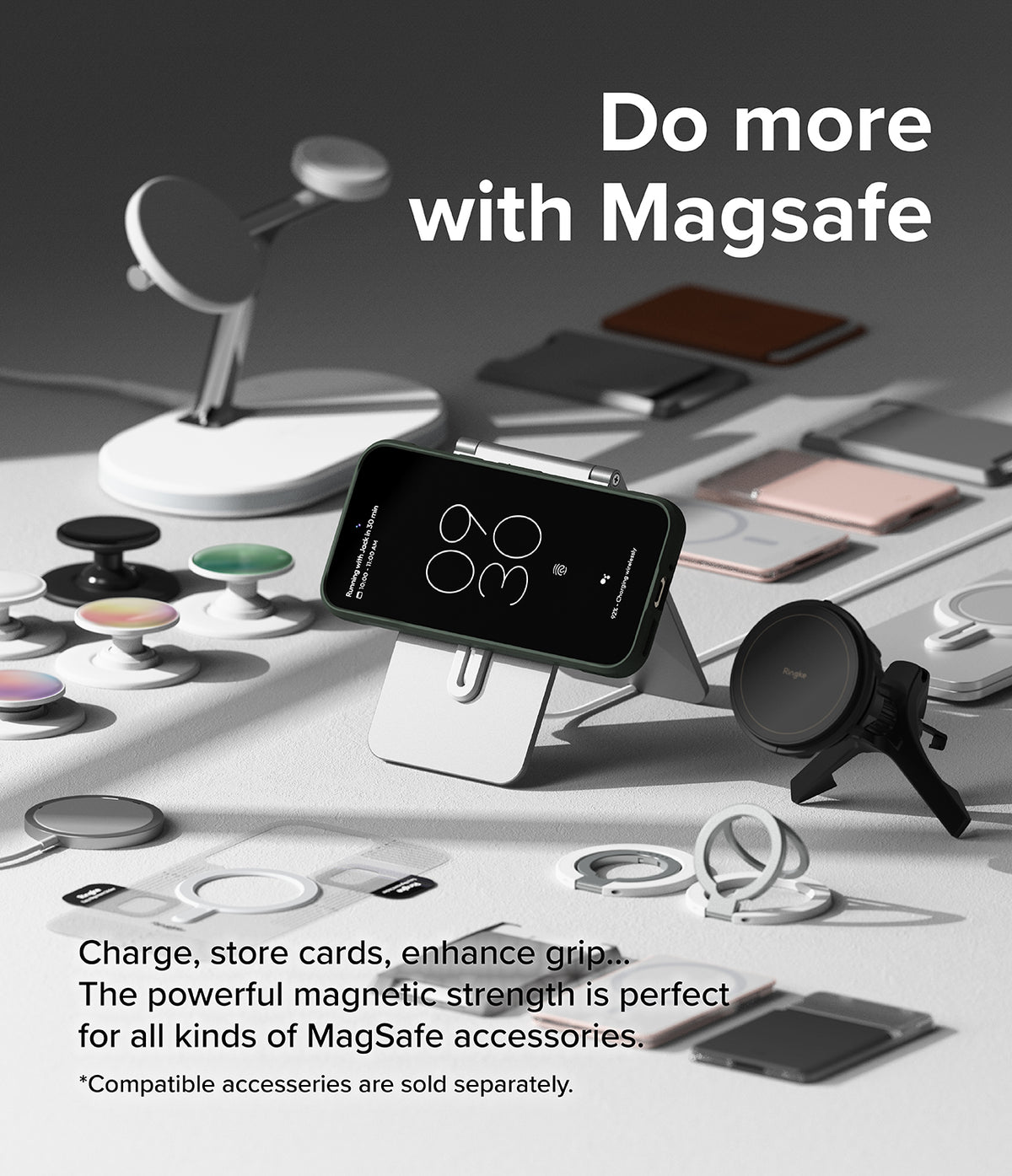 Google Pixel 9 Case | Onyx Magnetic - A Pixel 9 in a magnetic case surrounded by various MagSafe chargers and accessories.