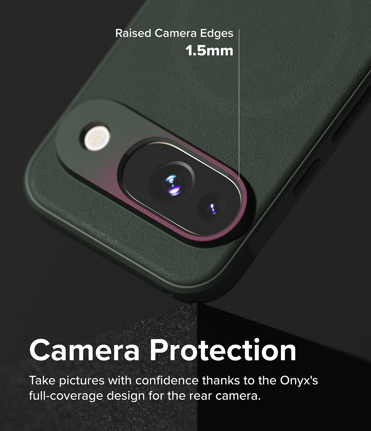 Google Pixel 9 Case | Onyx Magnetic - Close-up of dark green phone case highlighting 1.5mm raised camera protection edges.