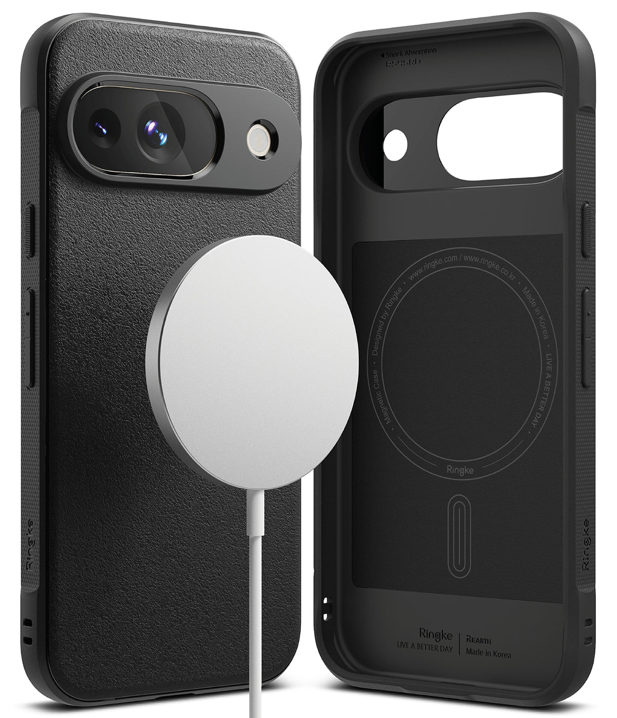 Google Pixel 9 Case | Onyx Magnetic - Black textured phone case with magnetic charger and interior branding.