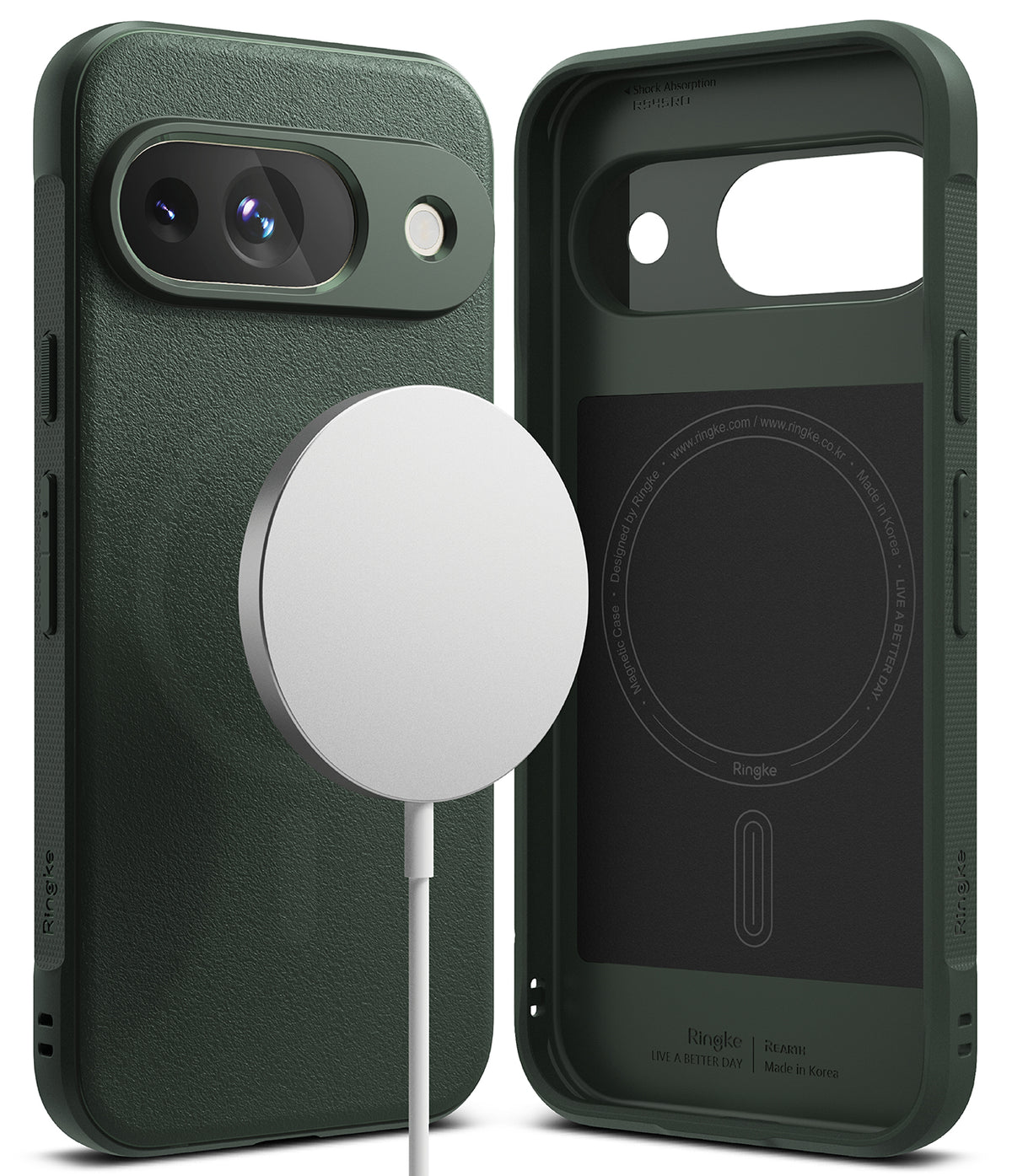 Google Pixel 9 Case | Onyx Magnetic - Dark green magnetic phone case shown from back and interior with charging puck.