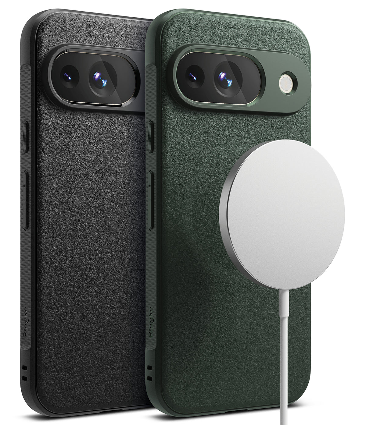 Google Pixel 9 Case | Onyx Magnetic - Two textured phone cases in black and green with a magnetic charger attached.