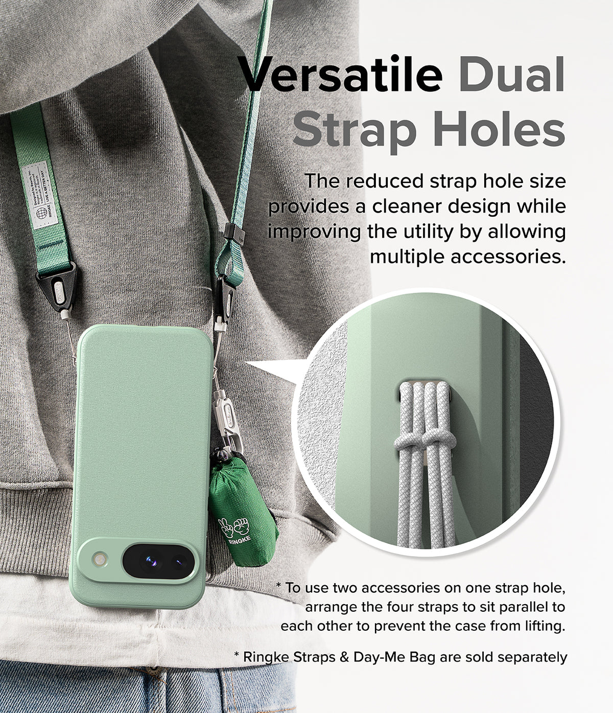 Google Pixel 9 Case | Onyx - Sage green phone case with dual strap holes showing multiple accessories attached.