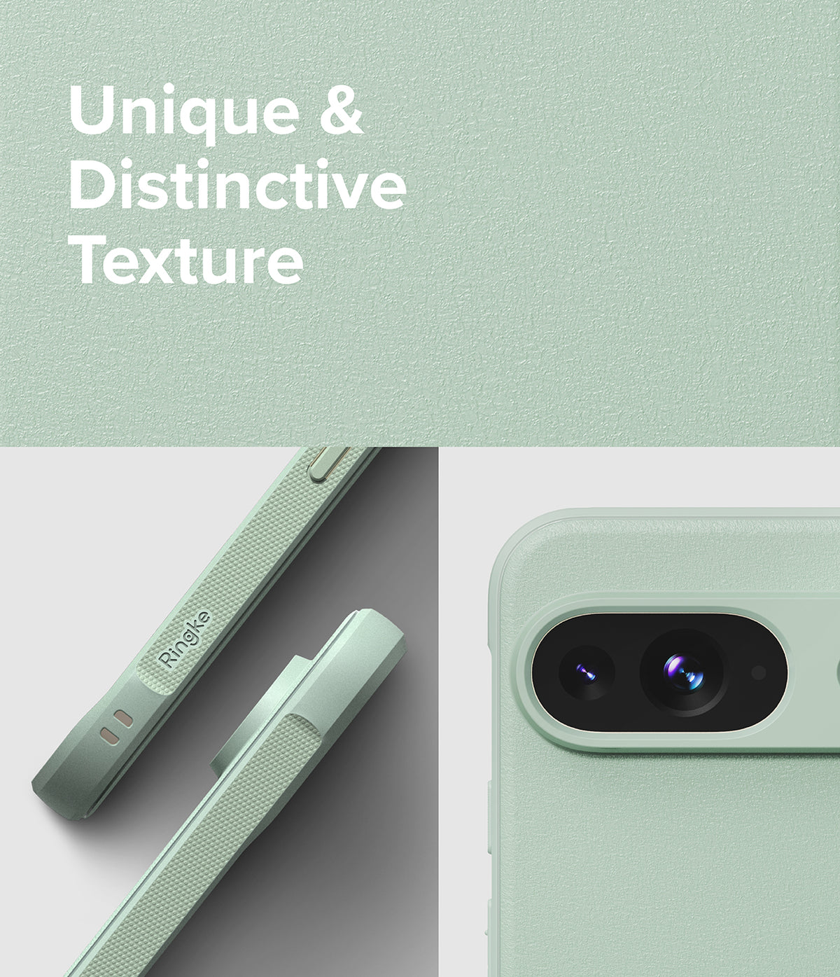 Google Pixel 9 Case | Onyx - Close-up of a textured sage green phone case showing side grip details and the camera cutout.