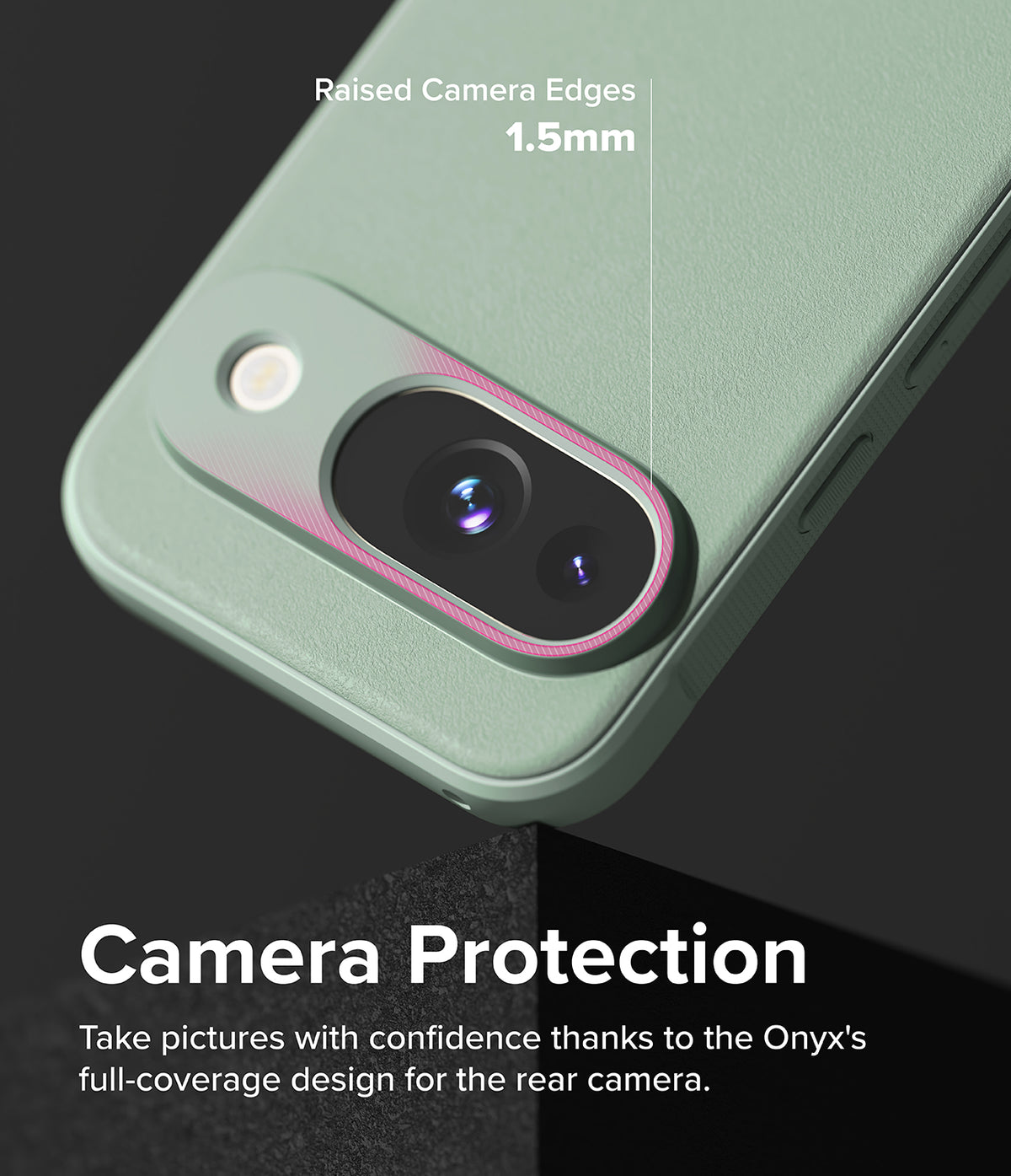 Google Pixel 9 Case | Onyx - Sage green phone case highlighting 1.5mm raised camera edges for lens protection.