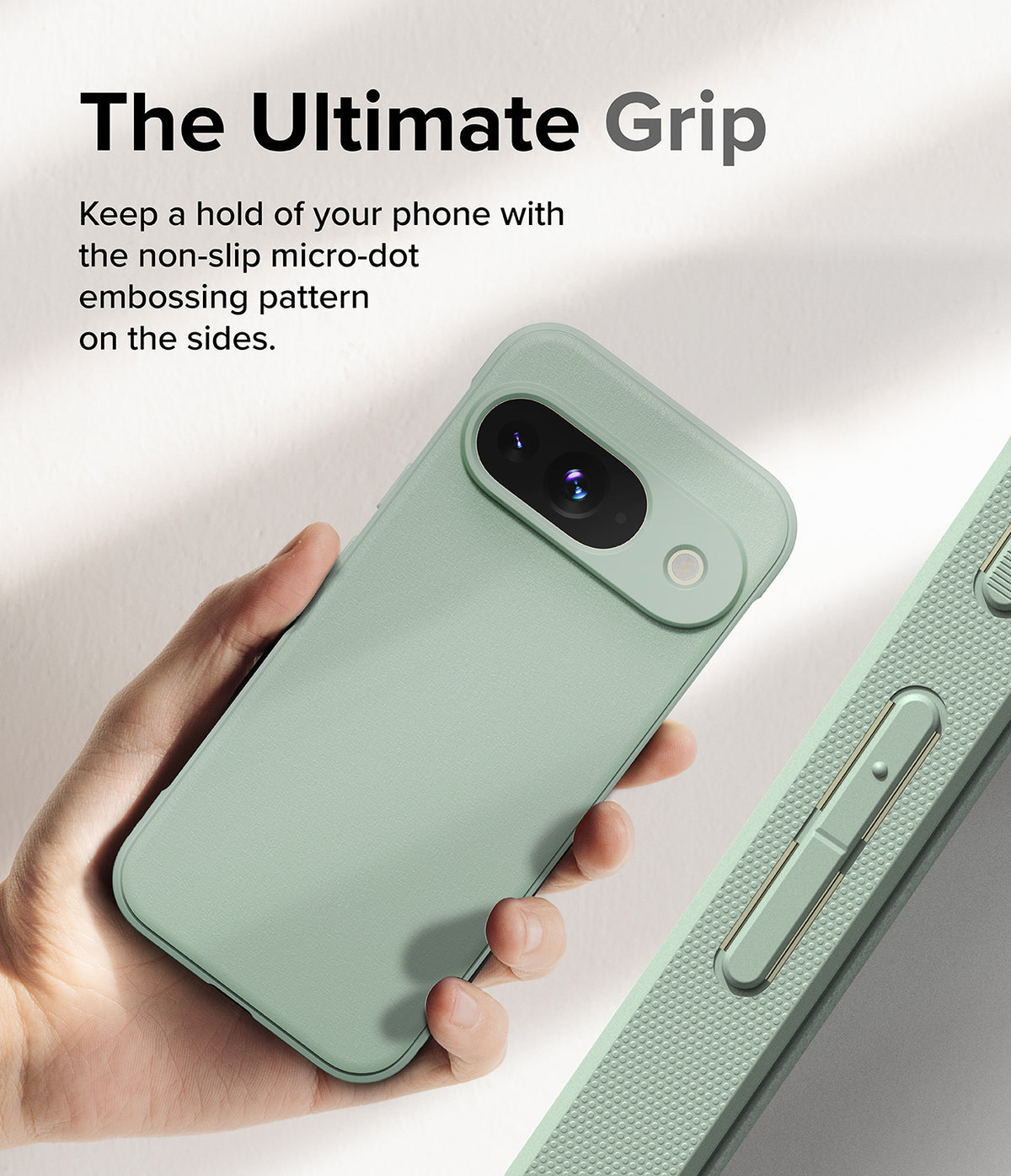 Google Pixel 9 Case | Onyx - Hand holding a sage green phone case with a textured micro-dot grip pattern on the side.