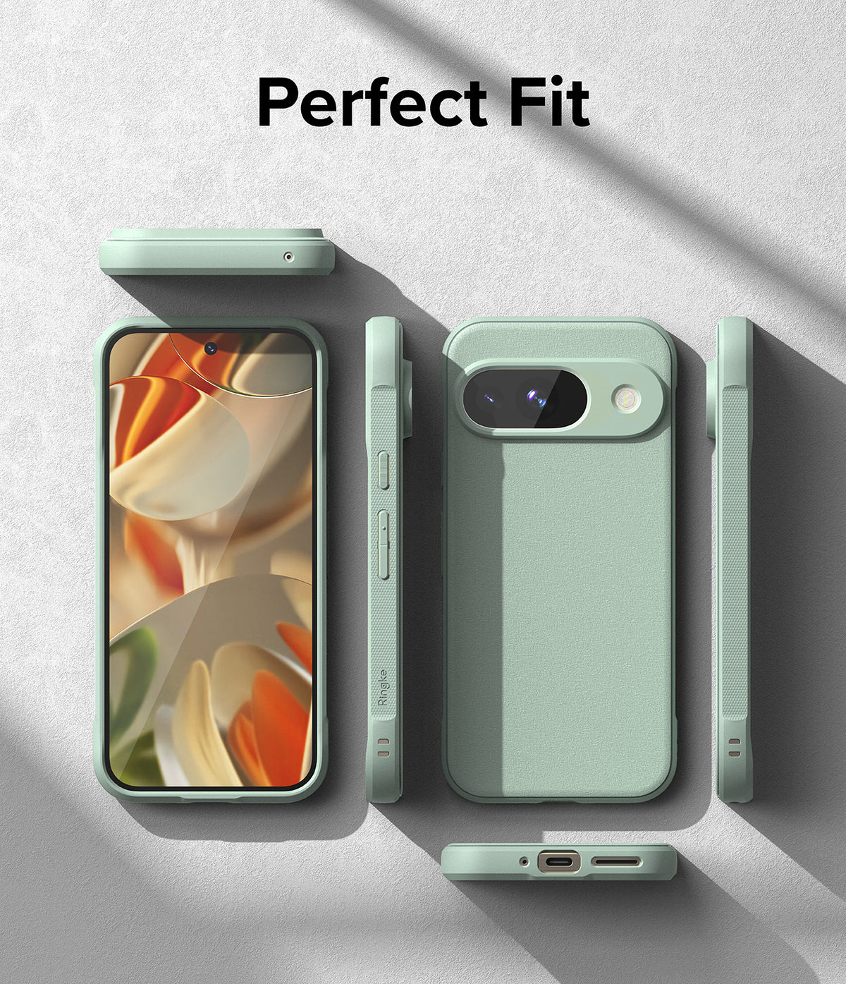 Google Pixel 9 Case | Onyx - Sage green phone case shown from multiple angles, highlighting precise cutouts and textured sides.