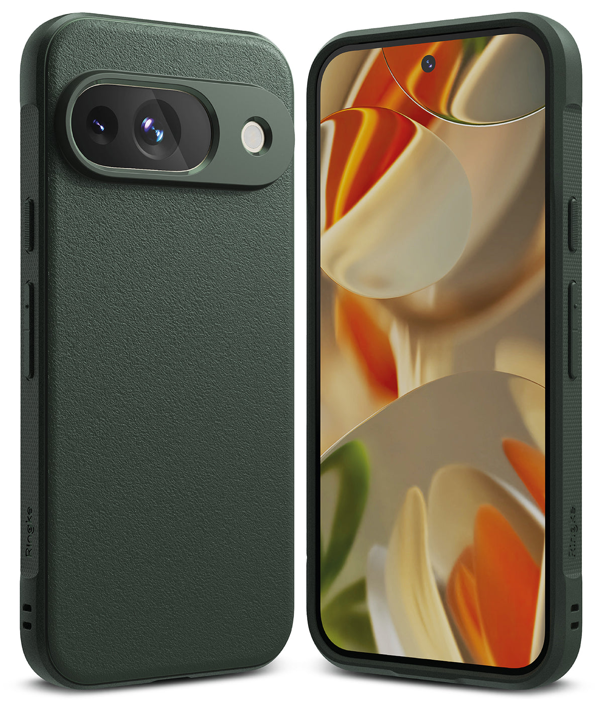 Google Pixel 9 Case | Onyx - Dark green textured phone case shown from the back and front with an abstract screen display.