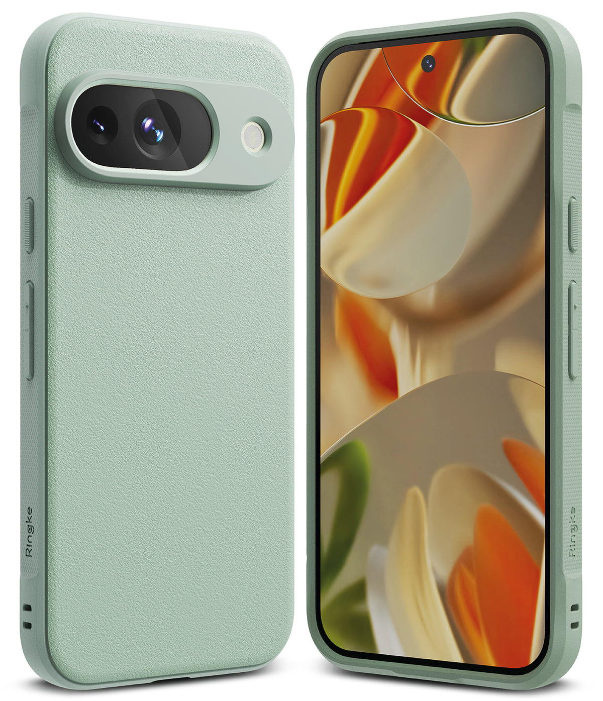 Google Pixel 9 Case | Onyx - Sage green textured phone case shown from back and front with abstract screen wallpaper.