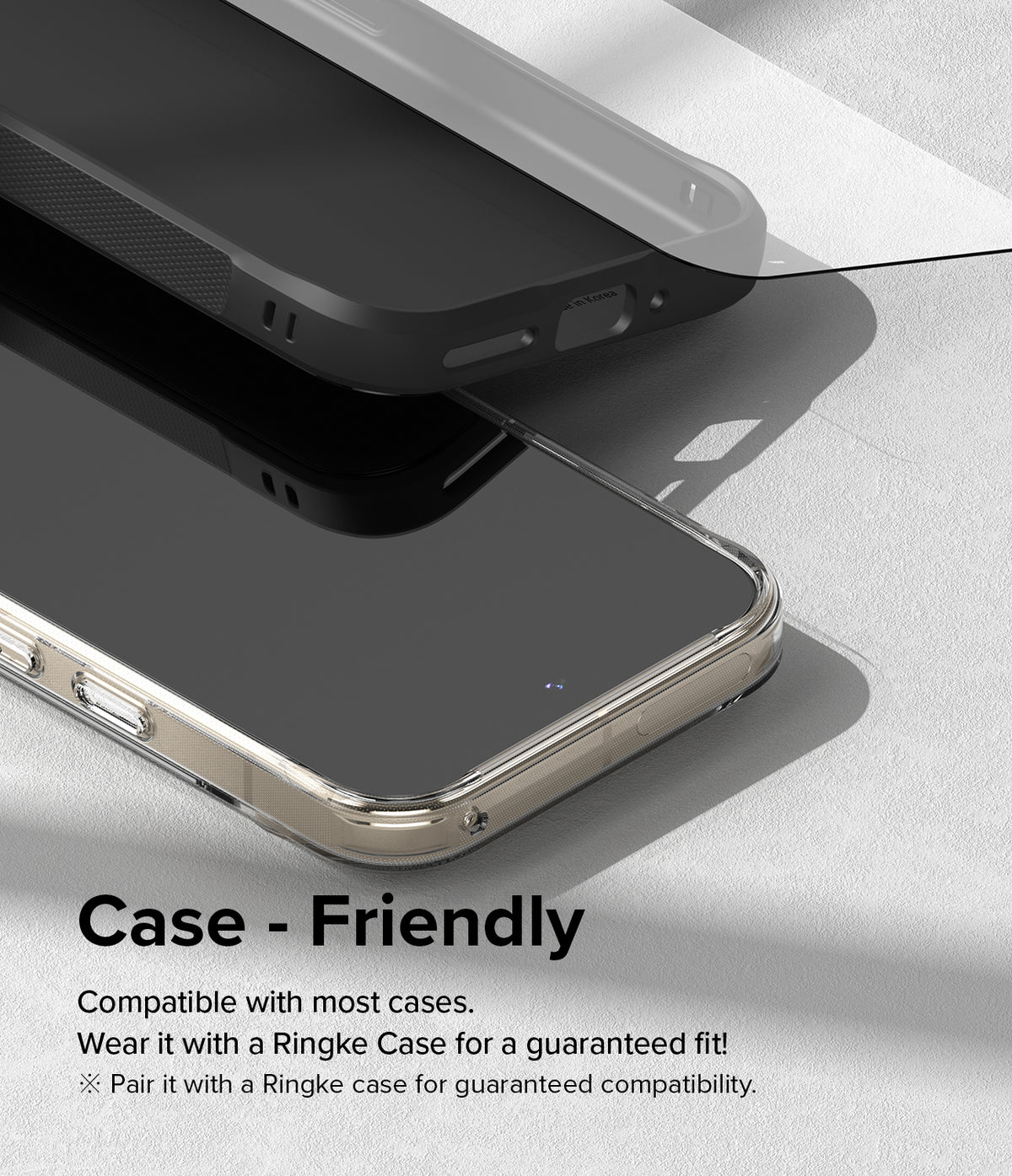 Google Pixel 9 Pro / 9 Screen Protector | Easy Slide Tempered Glass - Google Pixel 9 Pro / 9 Screen Protector - Tempered glass screen protector hovering above a phone inside a protective case.