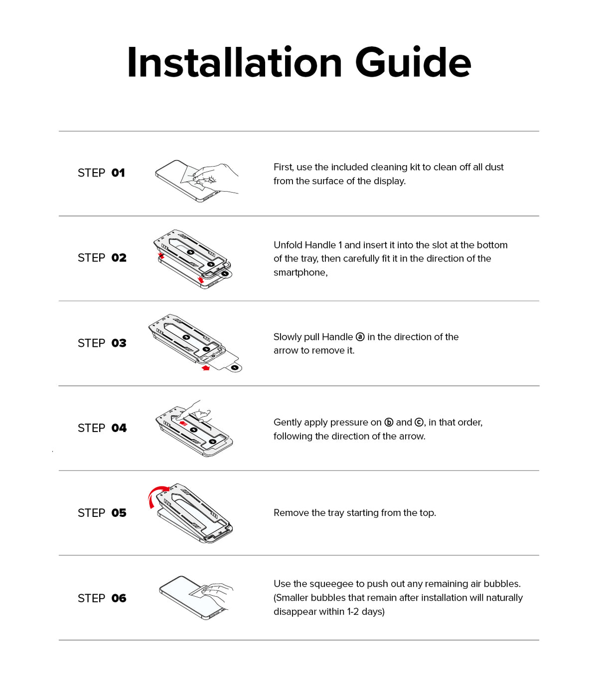 Google Pixel 9 Pro / 9 Screen Protector | Easy Slide Tempered Glass - Six-step illustrated guide for screen installation.