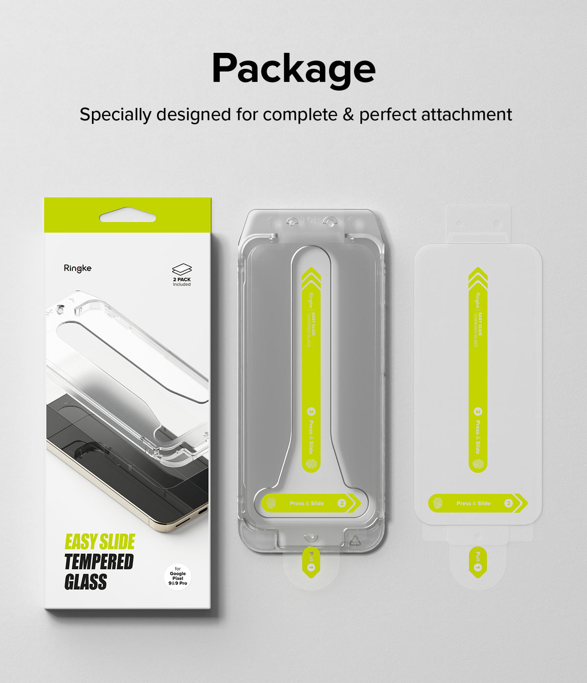 Google Pixel 9 Pro / 9 Screen Protector | Easy Slide Tempered Glass - Google Pixel 9 Pro / 9 Screen Protector - Product packaging, installation tray, and screen protector with slide guide.