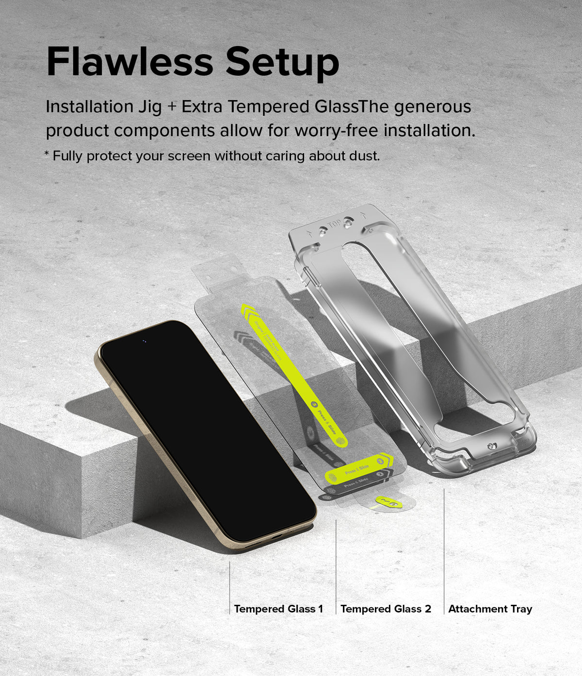 Google Pixel 9 Pro / 9 Screen Protector | Easy Slide Tempered Glass - Google Pixel 9 Pro / 9 Screen Protector - Smartphone, two tempered glass protectors, and an installation tray on concrete.