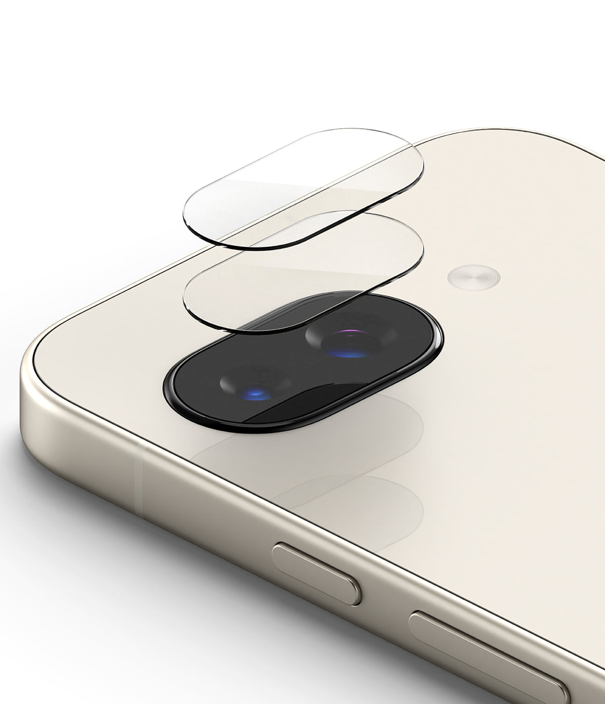 Google Pixel 9a | Camera Glass - Two transparent glass lens protectors hovering above the dual-camera module of a phone.