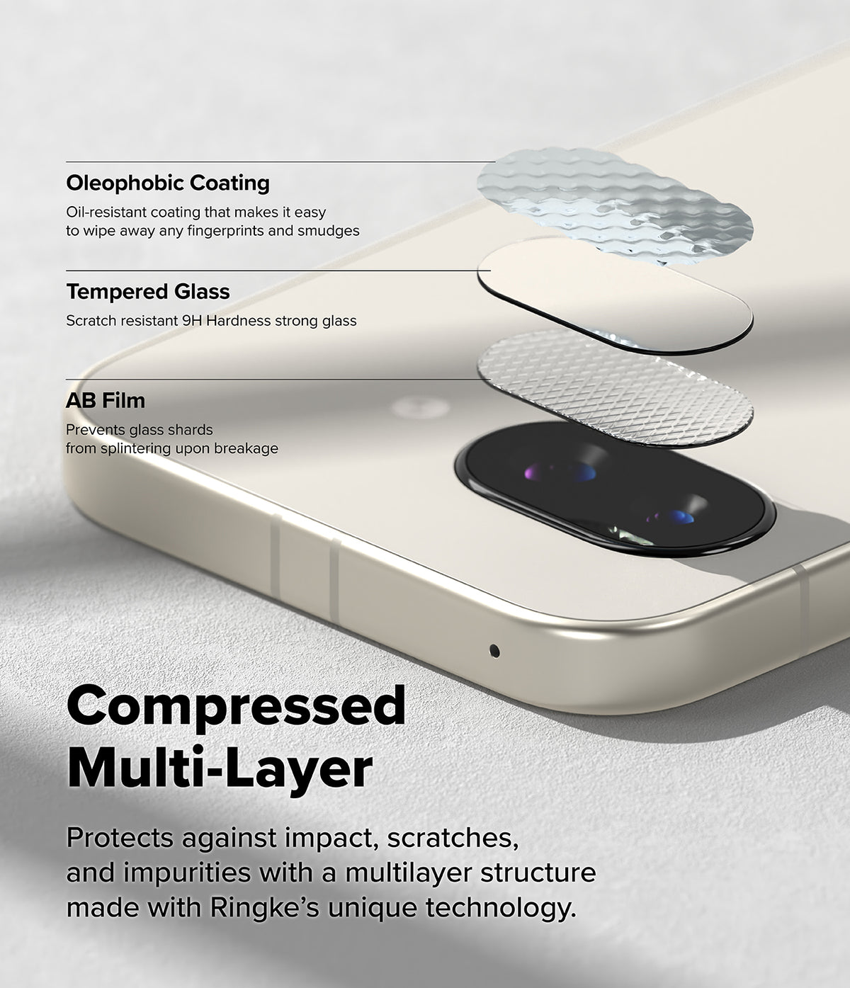 Google Pixel 9a | Camera Glass - Exploded view of a multi-layer camera lens protector for a smartphone.