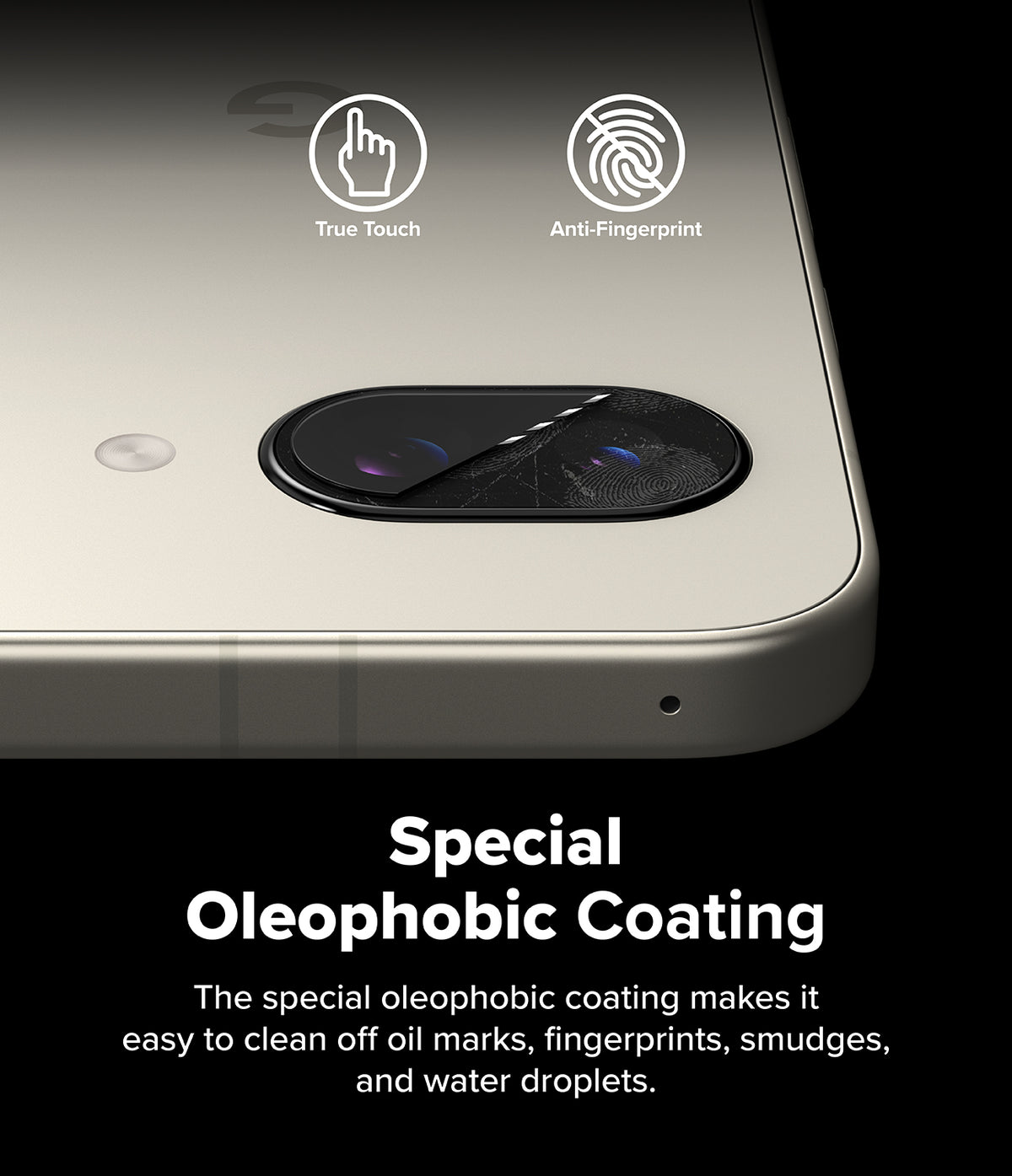 Google Pixel 9a | Camera Glass - Close-up of camera lens protector showing oleophobic coating with touch and anti-fingerprint icons.