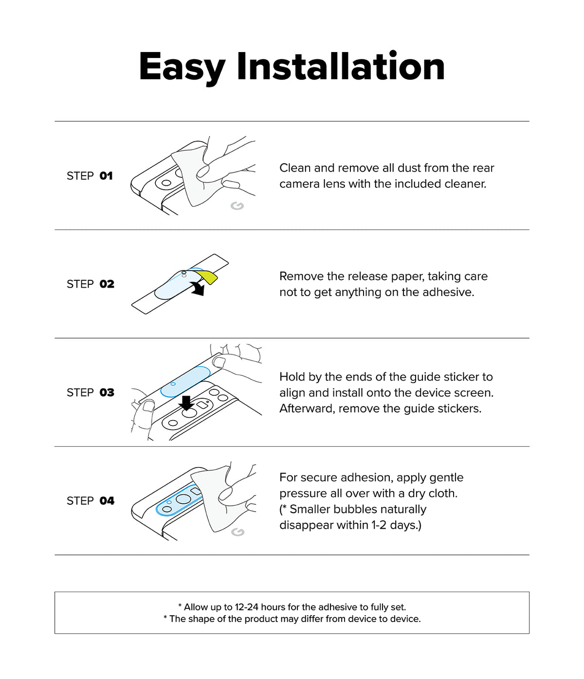 Google Pixel 9a | Camera Glass - Four-step illustrated guide showing how to clean, peel, align, and press the camera lens protector.