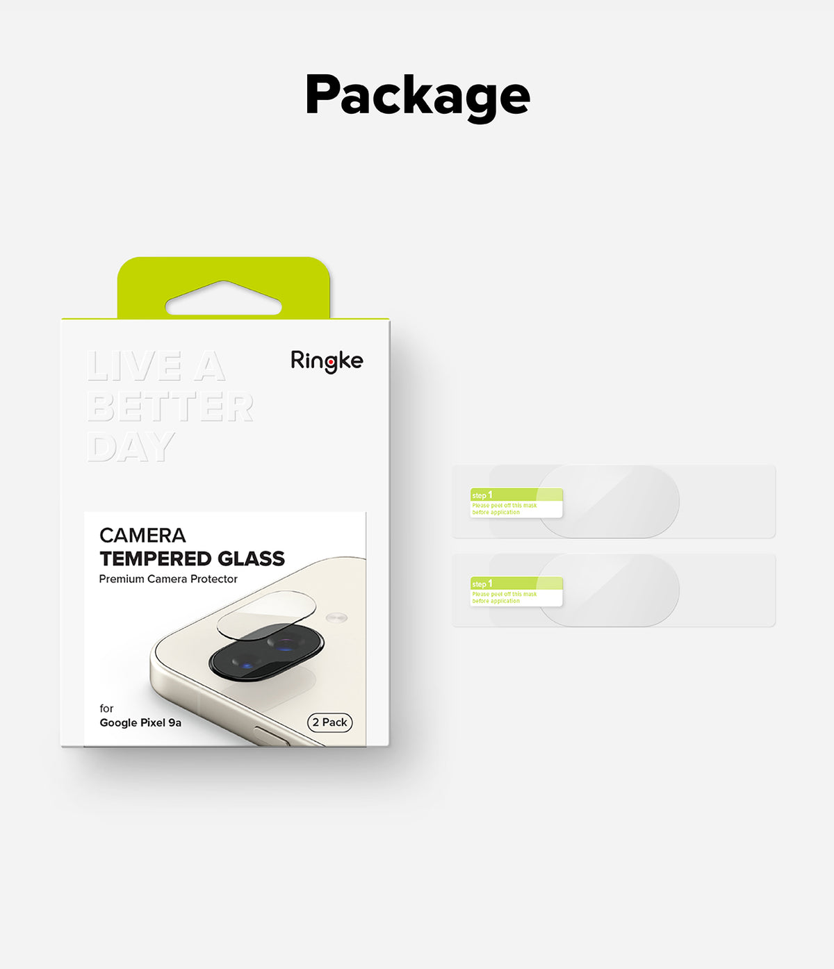 Google Pixel 9a | Camera Glass - Ringke camera tempered glass protector packaging with two individual lens covers.