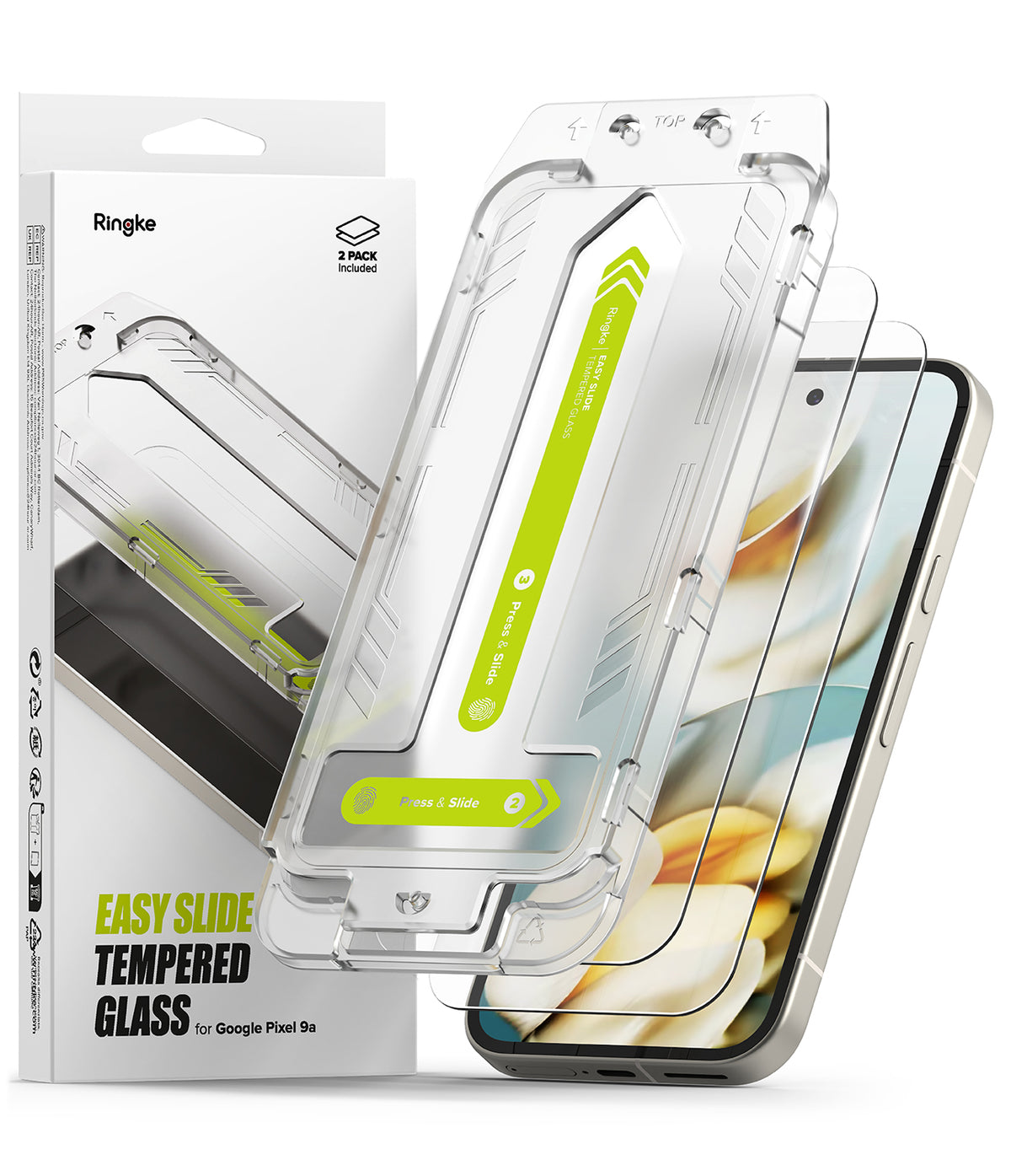 Google Pixel 9a Screen Protector | Easy Slide Tempered Glass - Google Pixel 9a Screen Protector - Ringke Easy Slide tempered glass installation kit with alignment frame and phone.