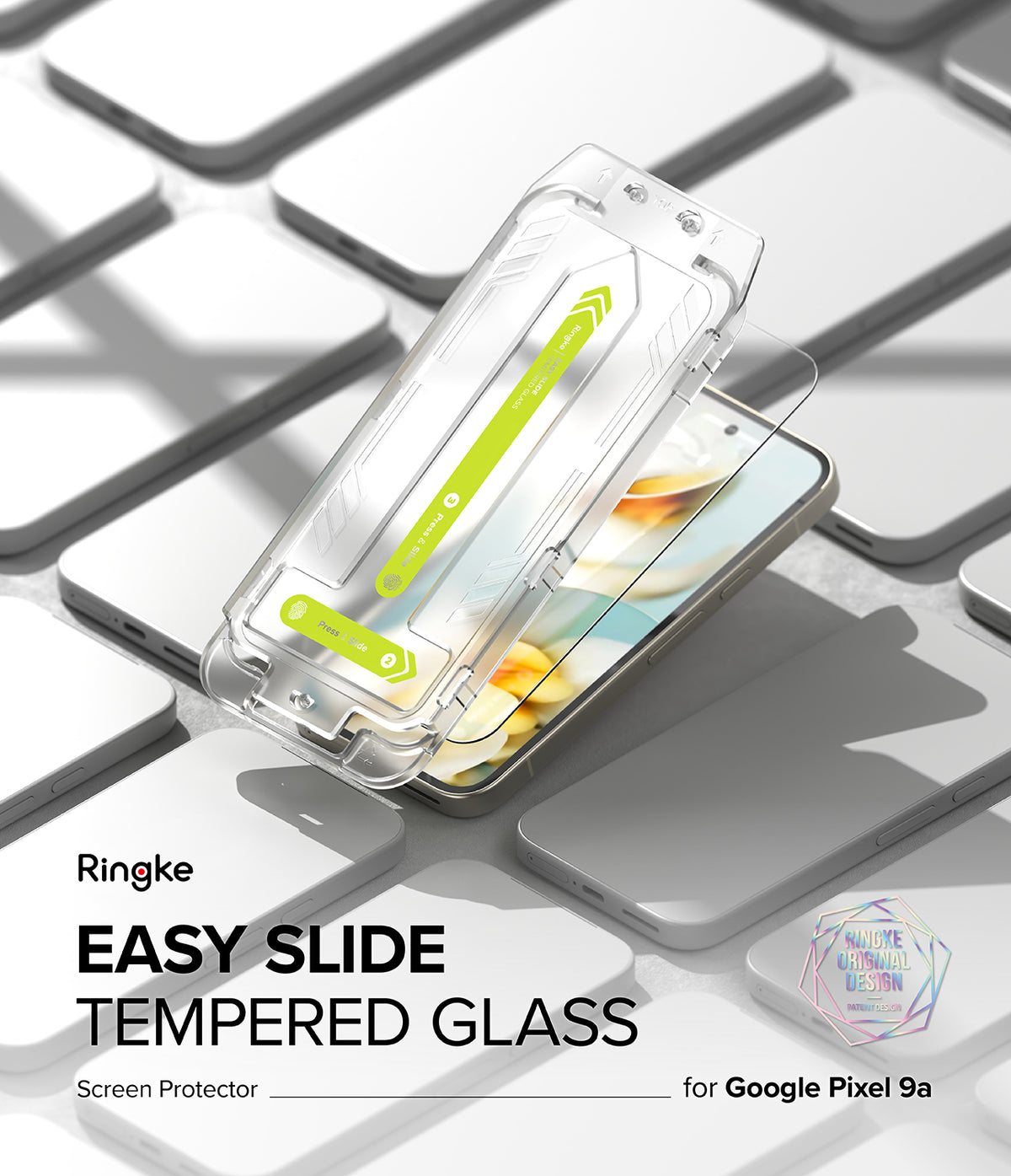 Google Pixel 9a Screen Protector | Easy Slide Tempered Glass - Google Pixel 9a Screen Protector - Easy Slide installation tool hovering over a smartphone on a grid of blank phones.