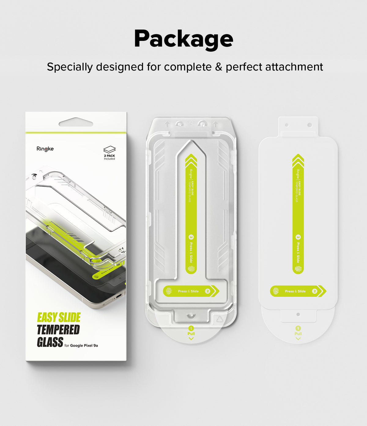 Google Pixel 9a Screen Protector | Easy Slide Tempered Glass - Google Pixel 9a Screen Protector - Retail box, installation tray, and screen protector with step-by-step application tabs.