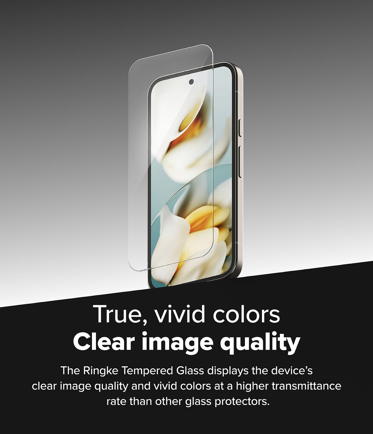 Google Pixel 9a Screen Protector | Easy Slide Tempered Glass - Google Pixel 9a Screen Protector - Tempered glass hovering above a smartphone screen displaying a vibrant floral image.
