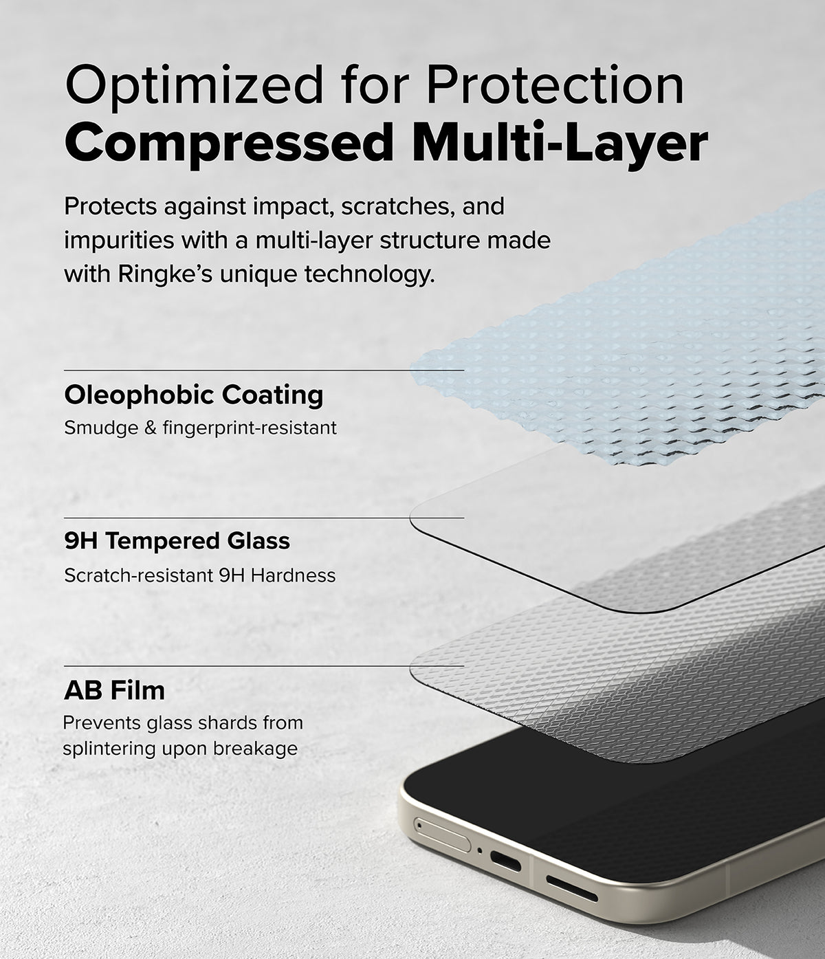 Google Pixel 9a Screen Protector | Easy Slide Tempered Glass - Google Pixel 9a Screen Protector - Exploded view showing multi-layer screen protector structure above a smartphone.