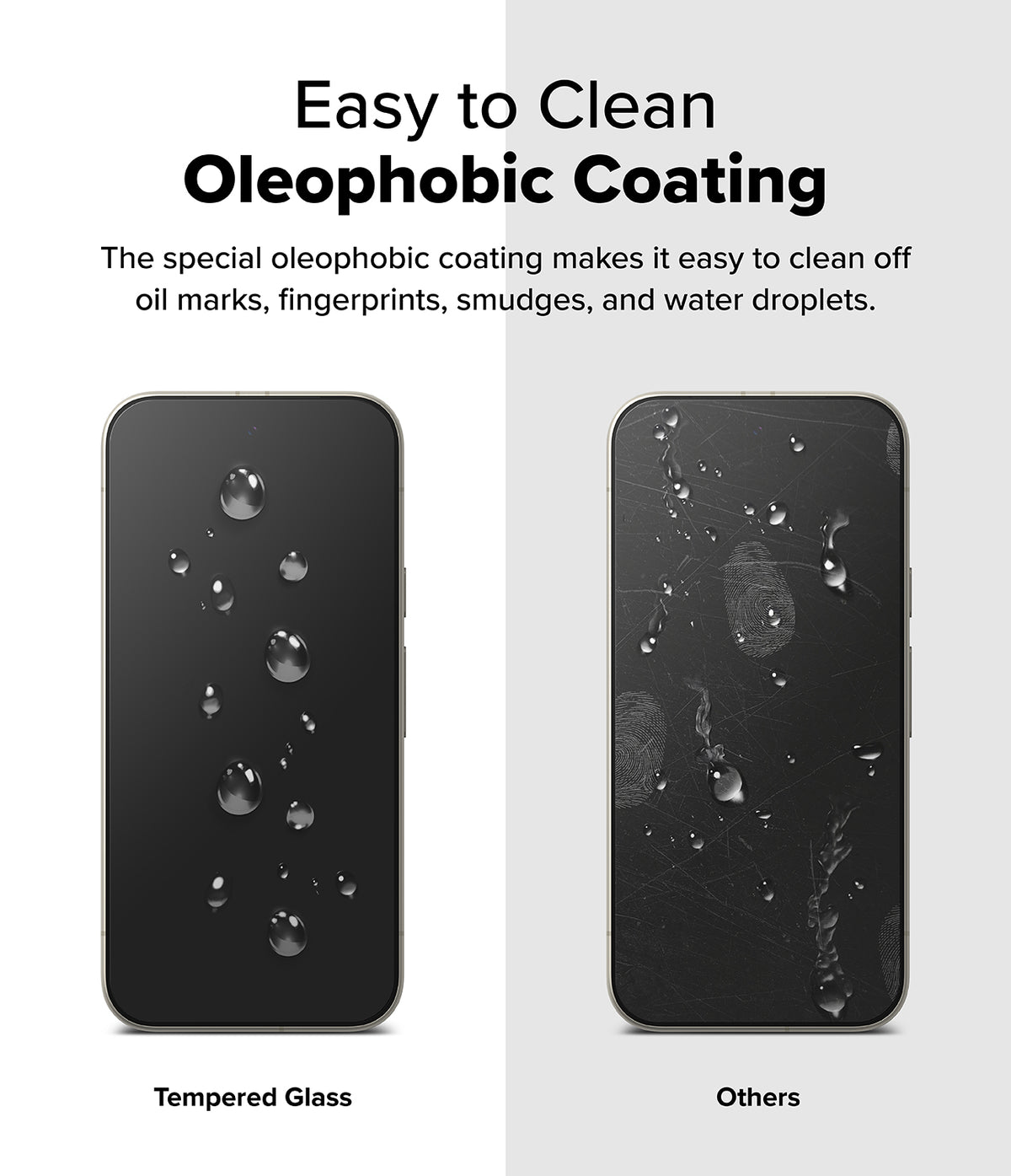 Google Pixel 9a Screen Protector | Easy Slide Tempered Glass - Google Pixel 9a Screen Protector - Comparison showing clean tempered glass with water beads versus smudged glass with fingerprints.