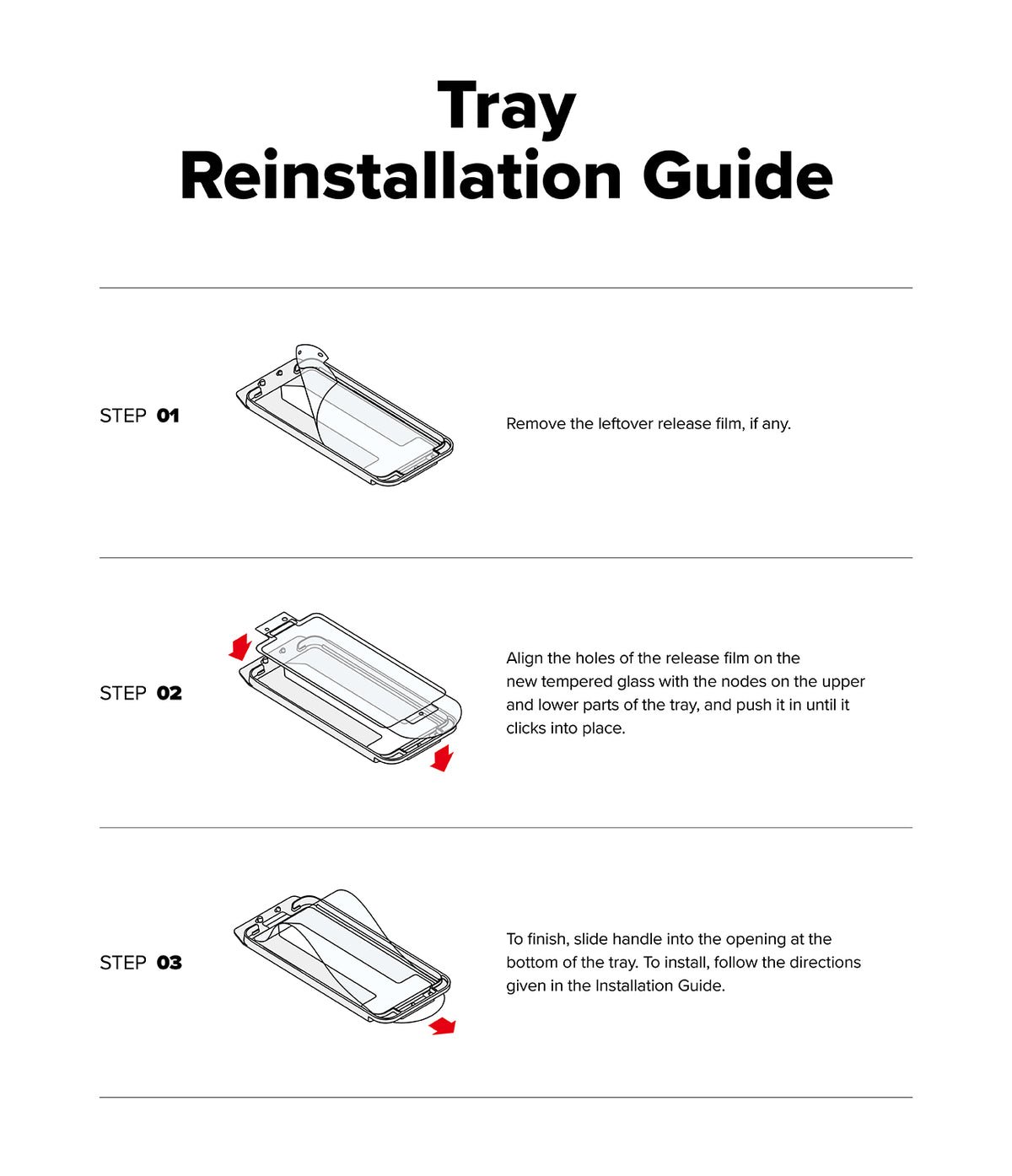 Google Pixel 9a Screen Protector | Easy Slide Tempered Glass - Google Pixel 9a Screen Protector - Three-step illustrated guide on reinstalling a tempered glass screen protector tray.