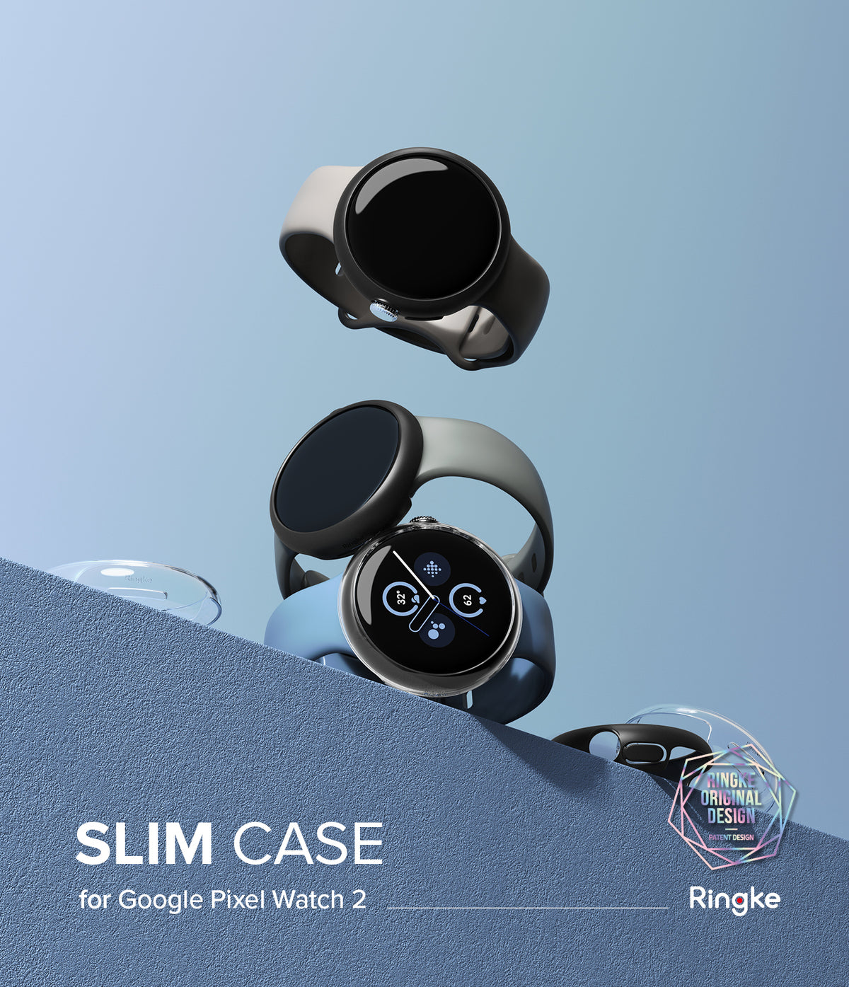 Google Pixel Watch 2 | Slim (2P) - Clear/Matte Black - Three Pixel Watches with matte black and clear cases on a blue surface.