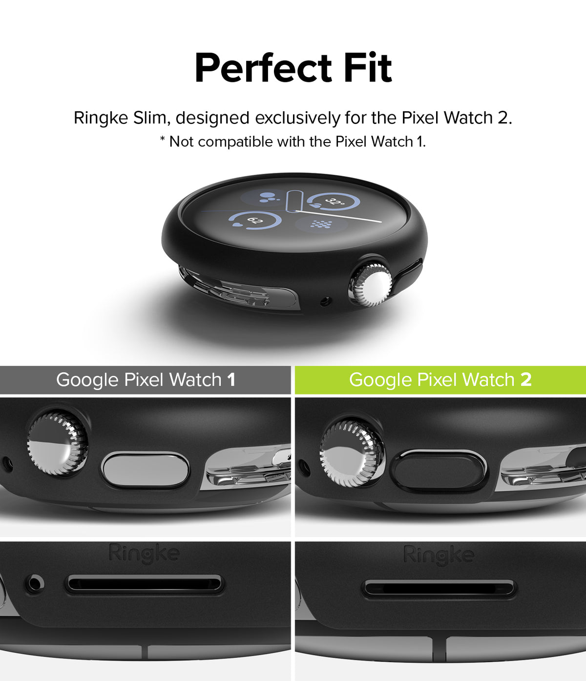 Google Pixel Watch 2 | Slim (2P) - Clear/Matte Black - Comparison showing Ringke case fit on Pixel Watch 1 vs 2.