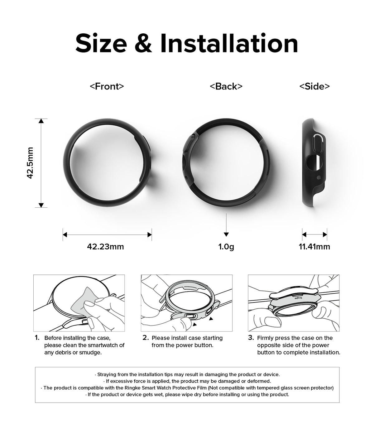 Google Pixel Watch 2 | Slim (2P) - Clear/Matte Black - Technical diagram showing dimensions, weight, and installation steps.