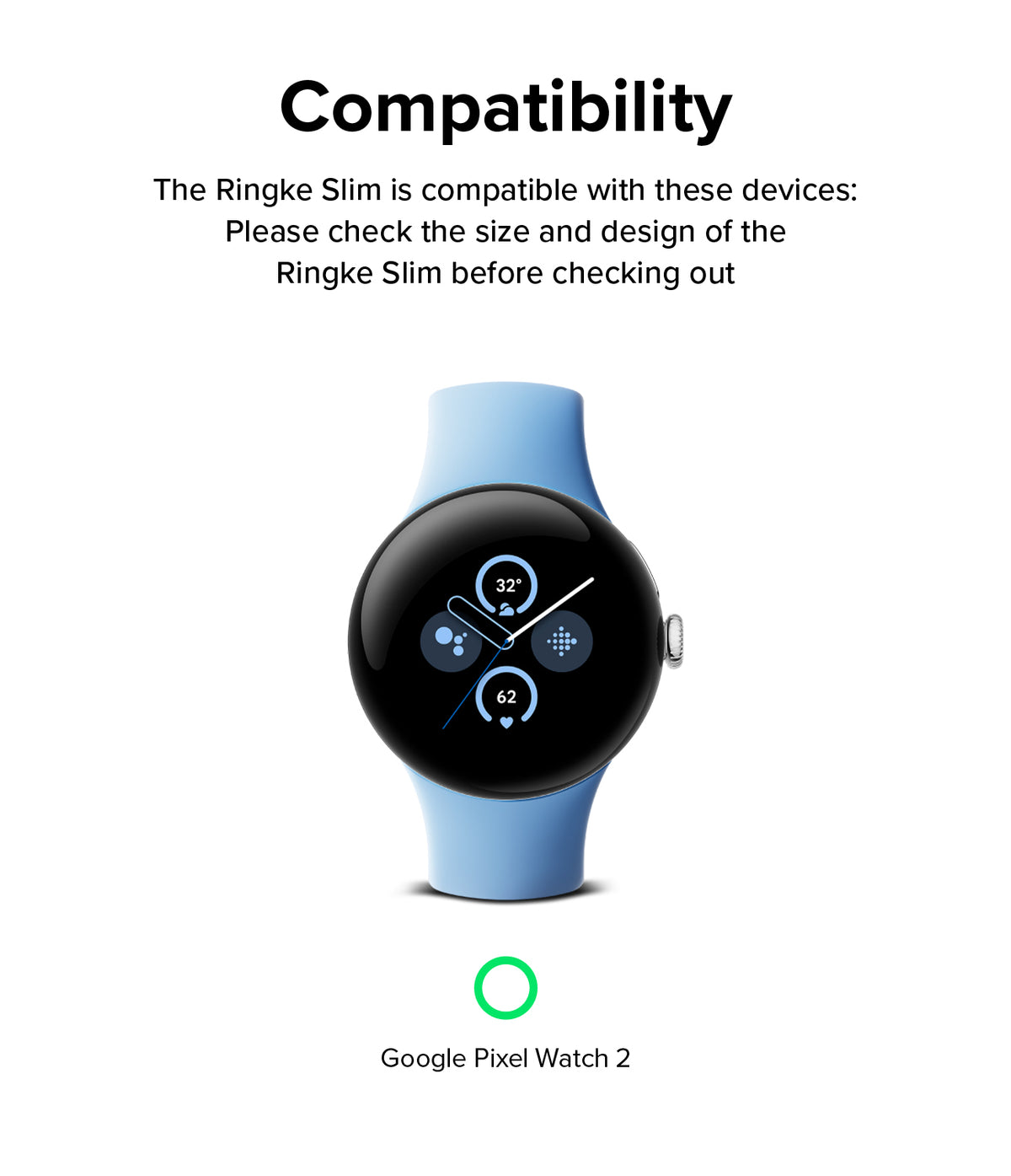 Google Pixel Watch 2 | Slim (2P) - Clear/Matte Black - A light blue Google Pixel Watch 2 with a black watch face.