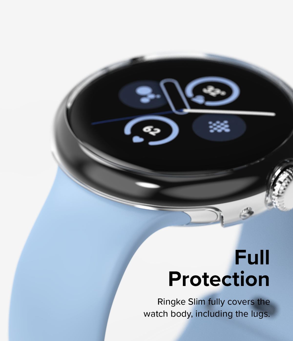 Google Pixel Watch 2 | Slim (2P) - Clear/Matte Black - Close-up of a smartwatch with a clear protective case.