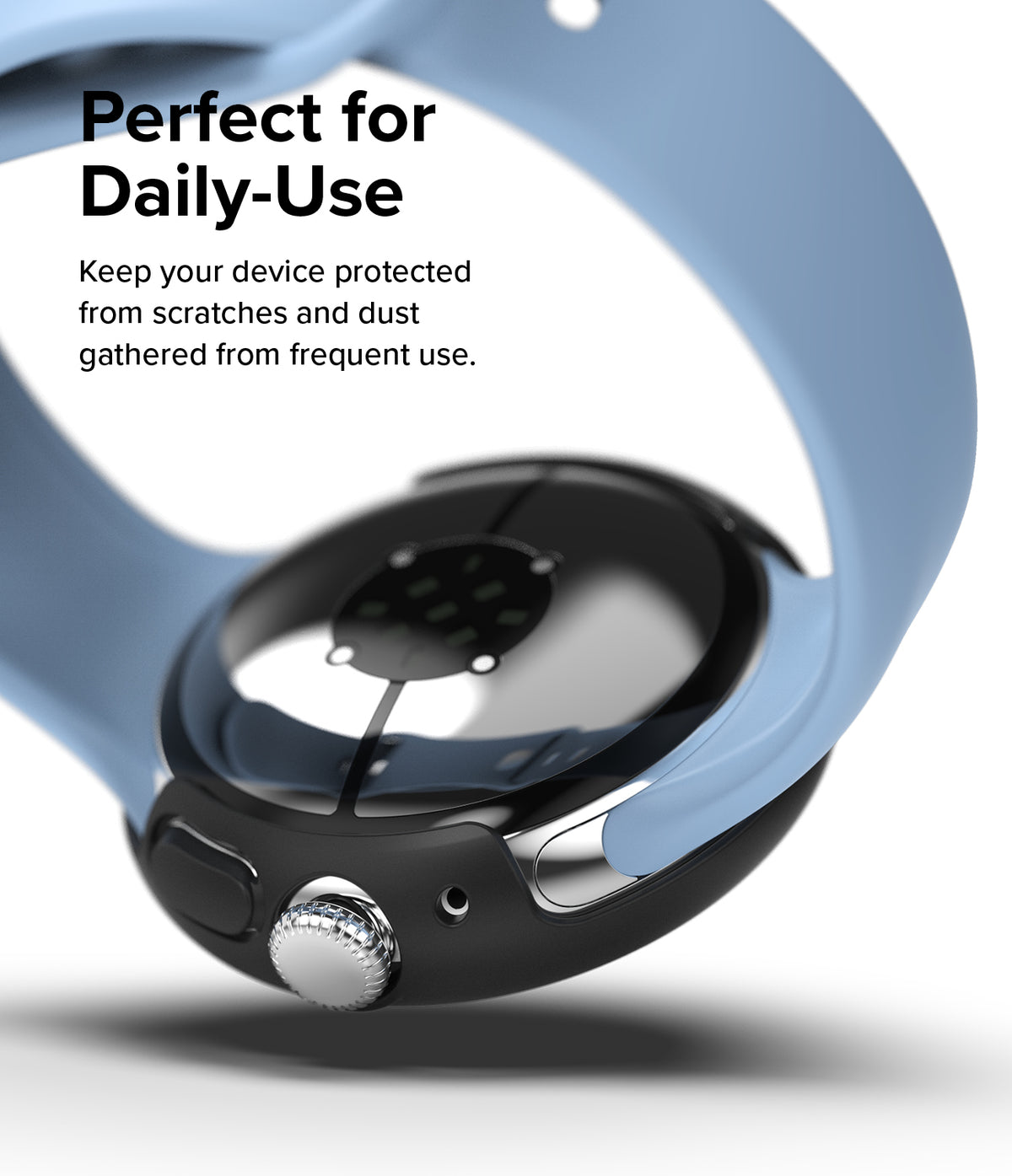 Google Pixel Watch 2 | Slim (2P) - Clear/Matte Black - Matte black protective case on a Pixel Watch 2 with a blue band.