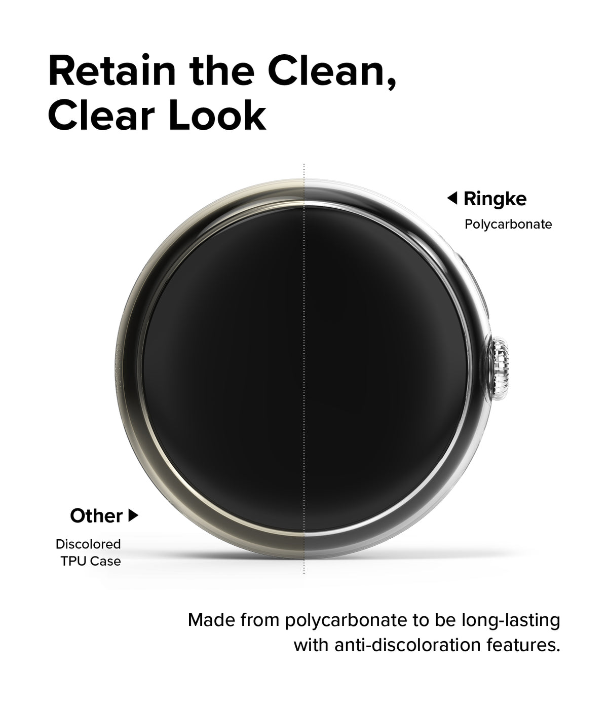 Google Pixel Watch 2 | Slim (2P) - Clear/Matte Black - Comparison of a clear Ringke polycarbonate case versus a yellowed TPU case.