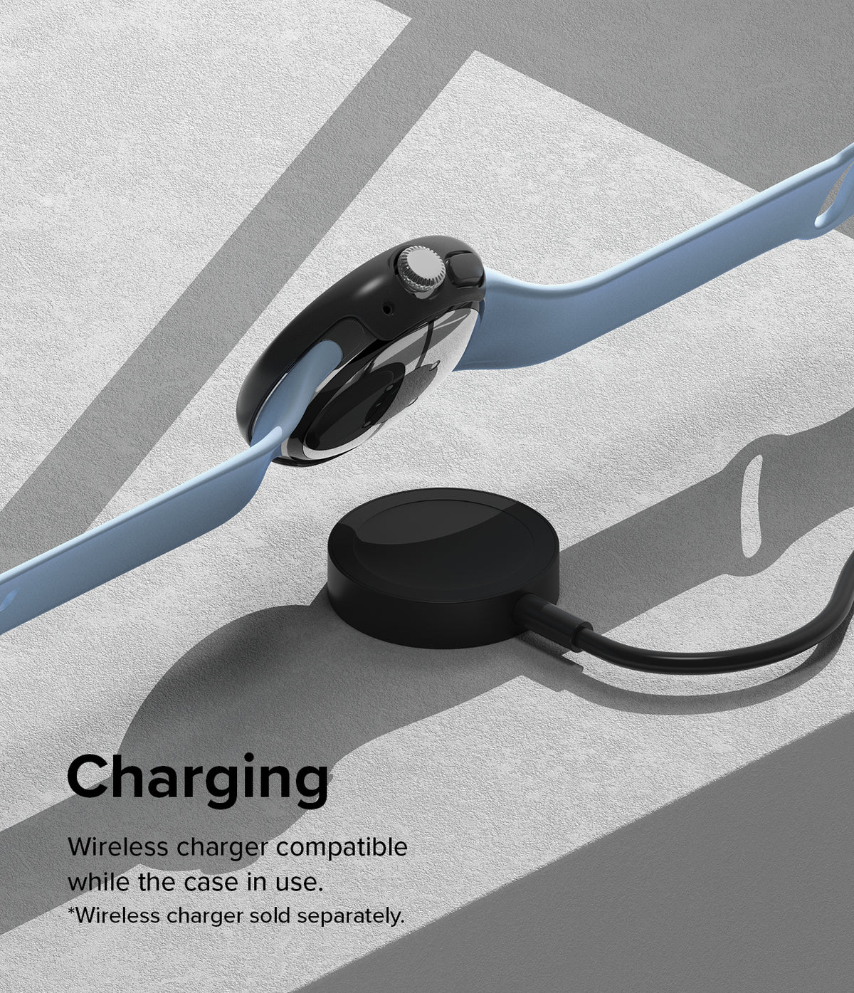 Google Pixel Watch 2 | Slim (2P) - Clear/Matte Black - Matte black protective case on a smartwatch charging wirelessly.