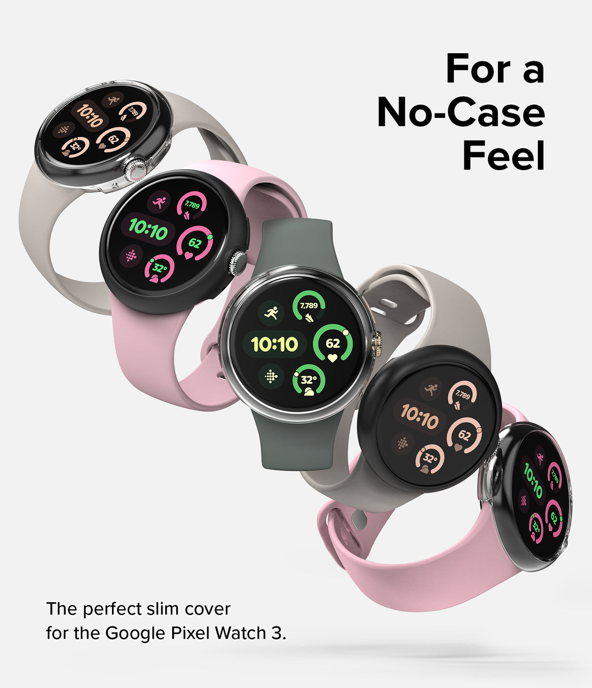 Google Pixel Watch 3 41mm | Slim - Five Google Pixel Watch 3 units with slim protective covers in various colors.