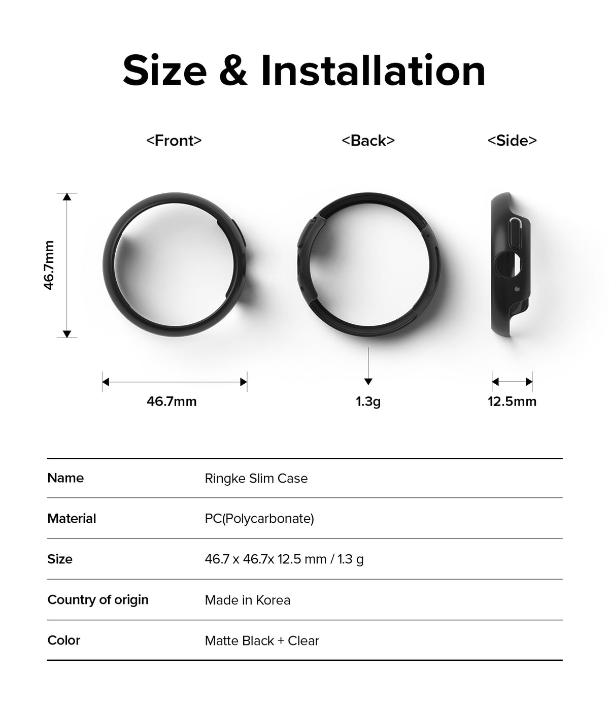 Google Pixel Watch 3 45mm | Slim - Technical diagram showing dimensions, weight, and specifications of a black watch case.