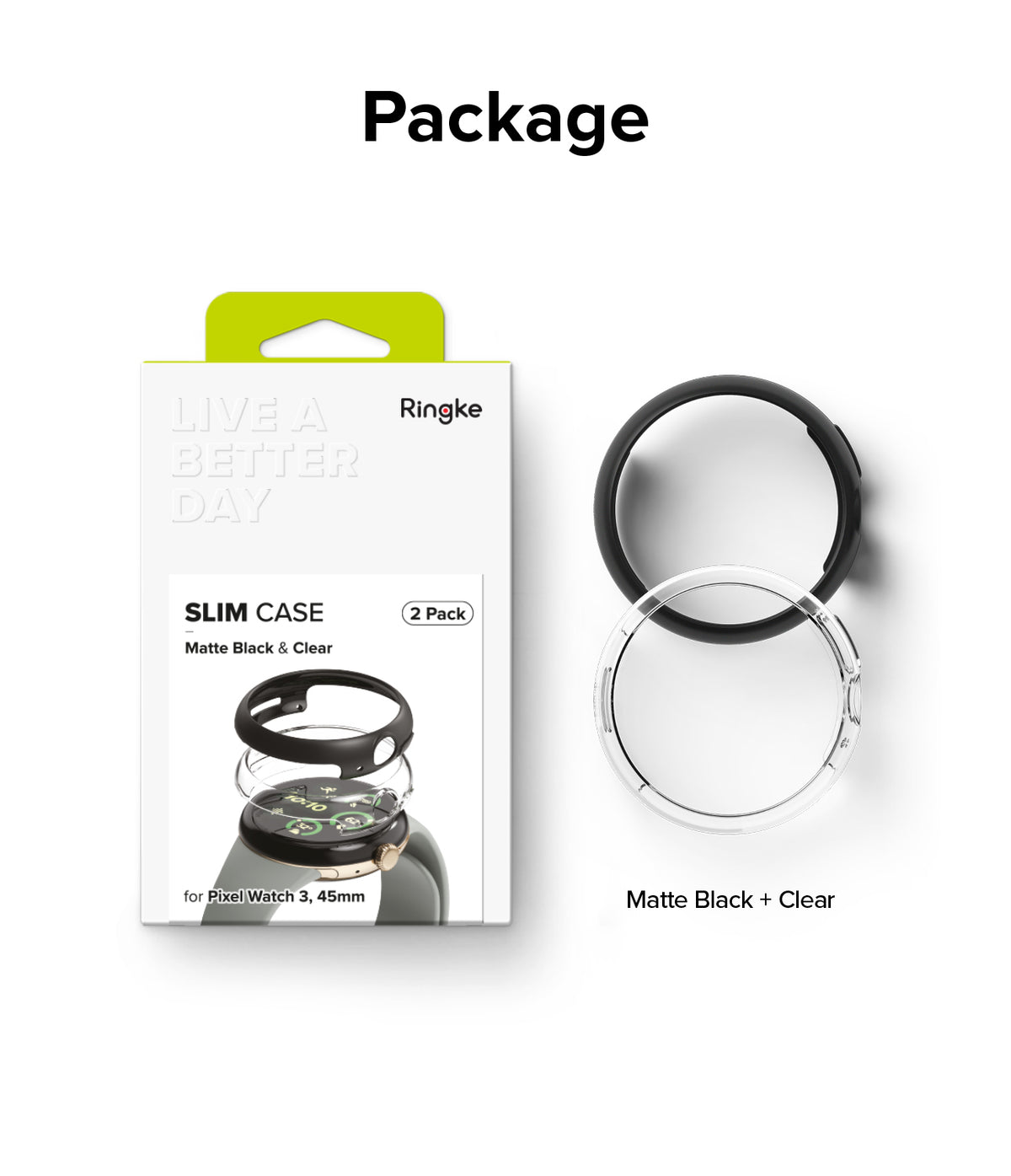 Google Pixel Watch 3 45mm | Slim - Ringke 2-pack slim cases in matte black and clear for Google Pixel Watch 3 45mm.