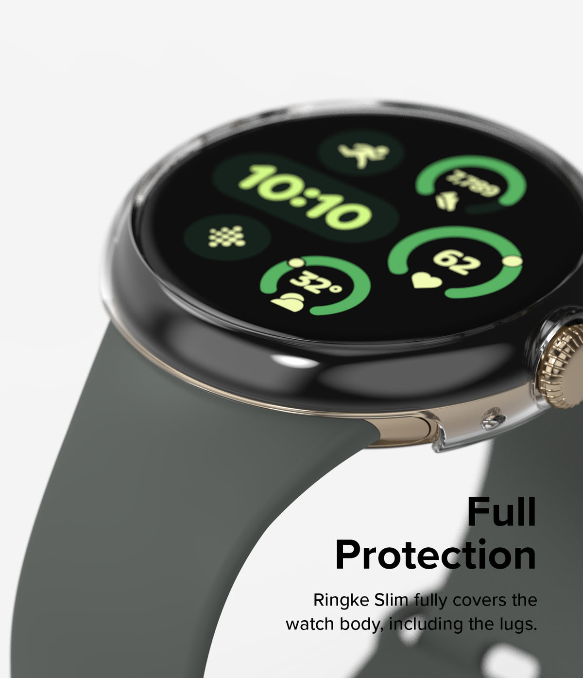 Google Pixel Watch 3 45mm | Slim - A clear protective case on a smartwatch with a dark grey band and digital display.