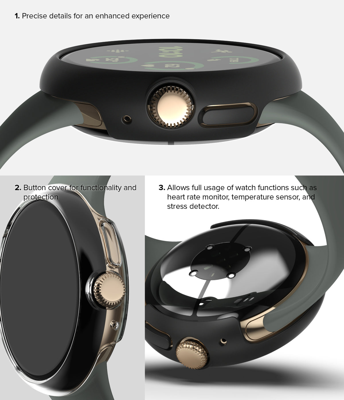 Google Pixel Watch 3 45mm | Slim - Three views of a protective watch case showing button access and sensor compatibility.